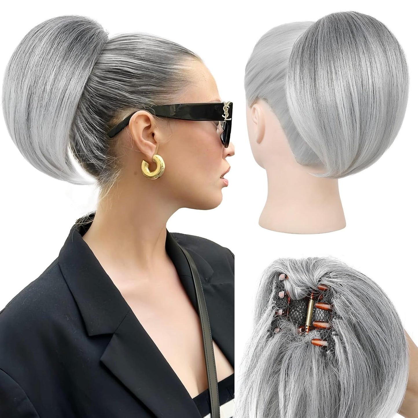 Ponytail Extension - 8" Short Mini Claw Clip Hairpiece for Fine Thin Hair | Soft Feather-Light Black