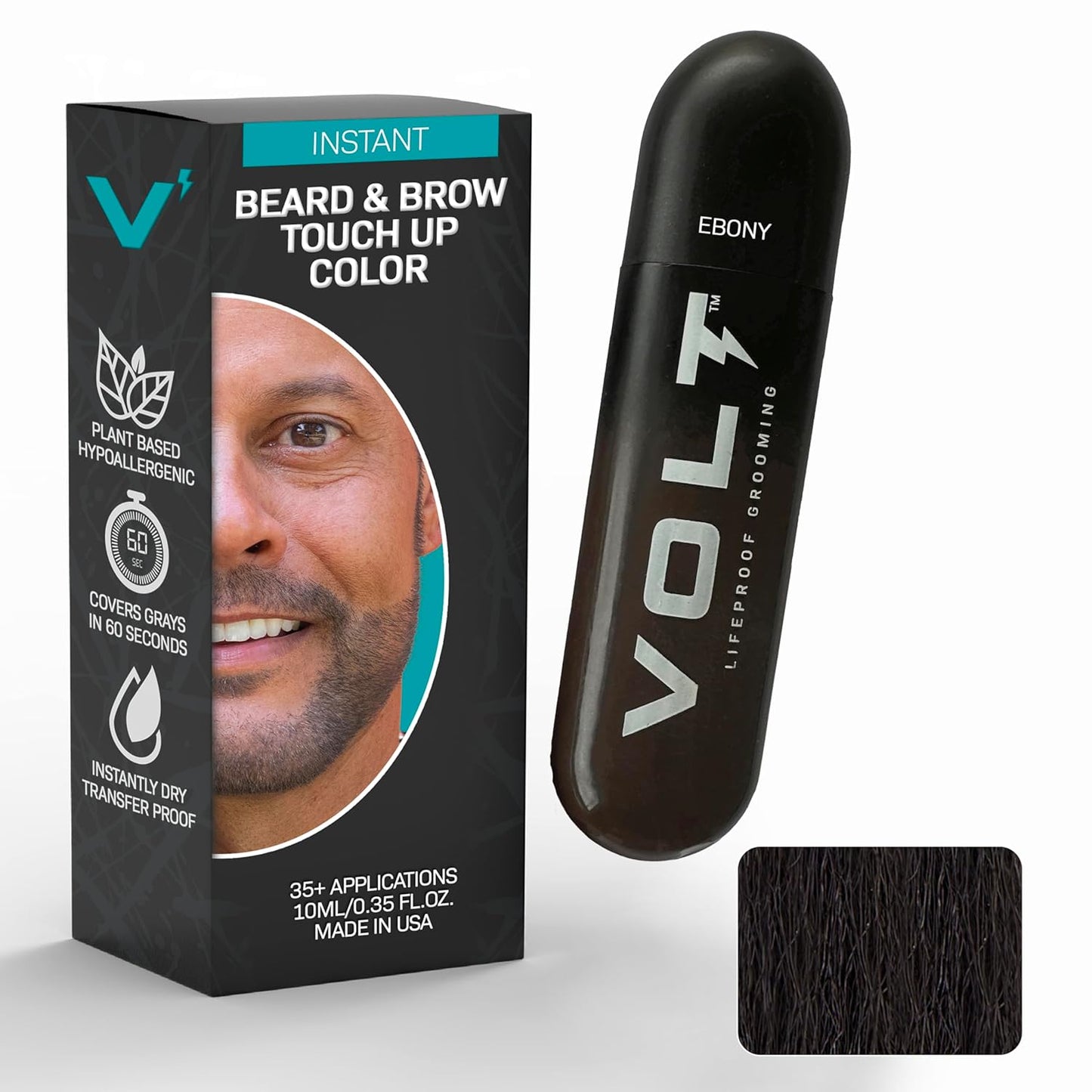 VOLT Instant Beard Color - Quick Drying Plant-Based Formula for Men | Ebony Brown/Black, 1 Pack, Up to 35 Applications