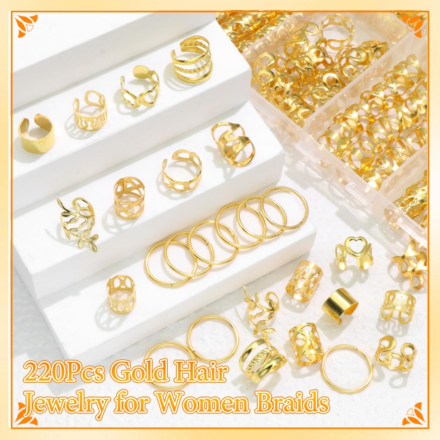 NAISKA 220 PCS Gold Hair Jewelry for Braids Hair Cuffs Rings Loc Jewelry for Women Dreadlock Hair Charms Stylish Box Hair Accessories for Women Men