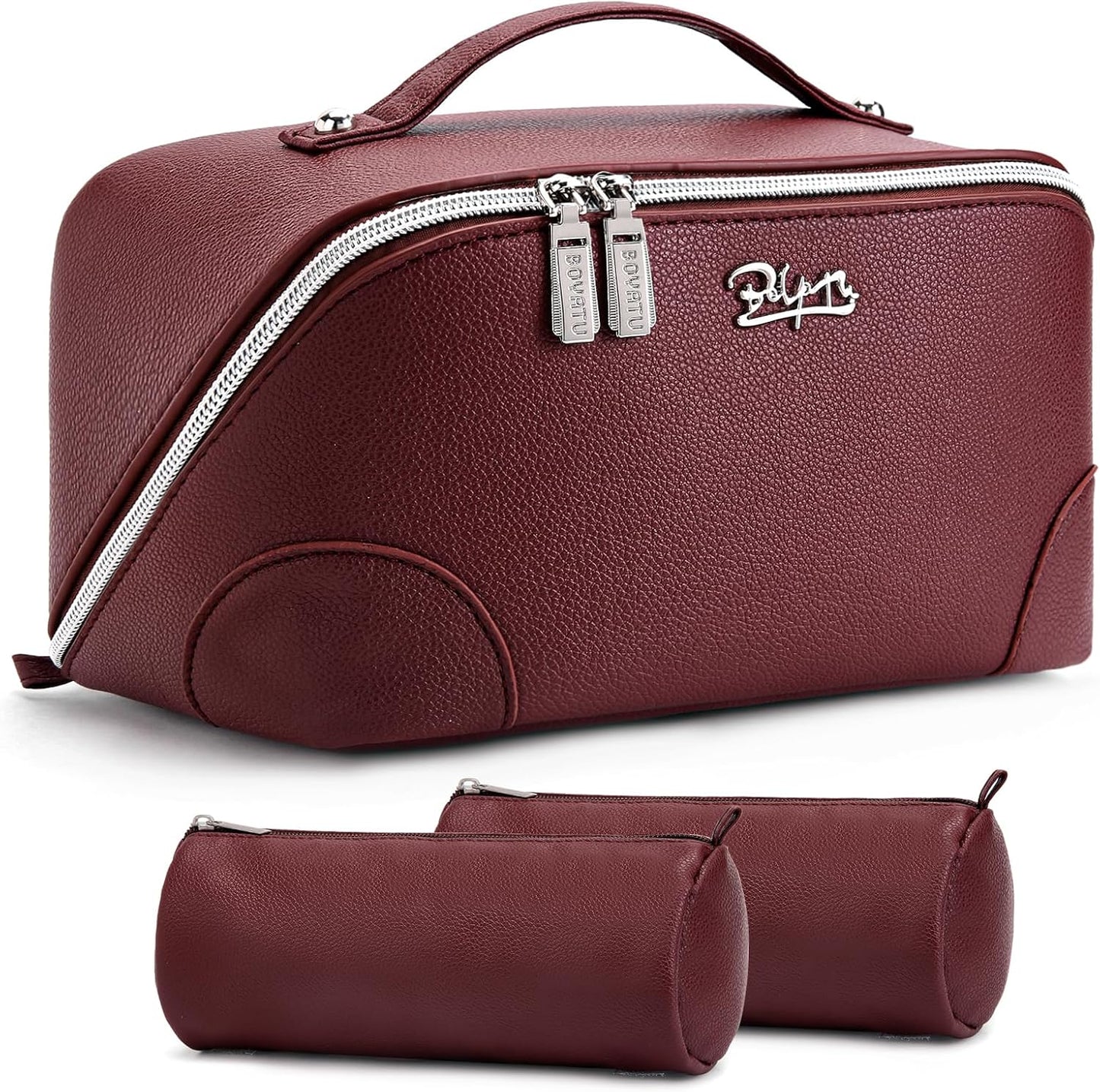 Travel Makeup Bag Set - Large Vegan Leather Cosmetic Organizer with Handle | 3 Pcs Portable Toiletry Bags in Coffee