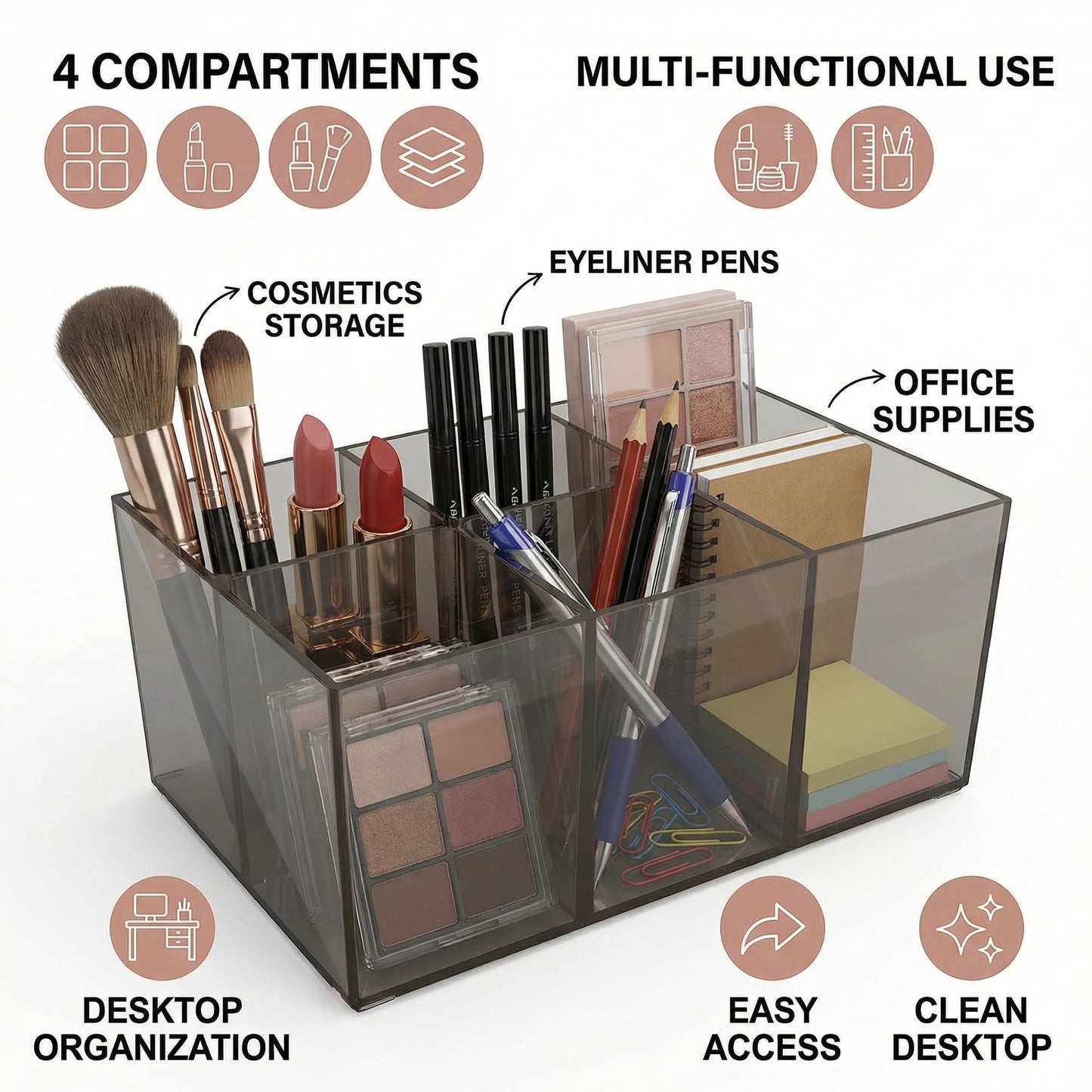 Makeup Brush Holder with Four Compartments, Versatile Desktop Storage Organizer for Makeup Eyeliners and Office Supplies, Easy Access Neat Desks GREY