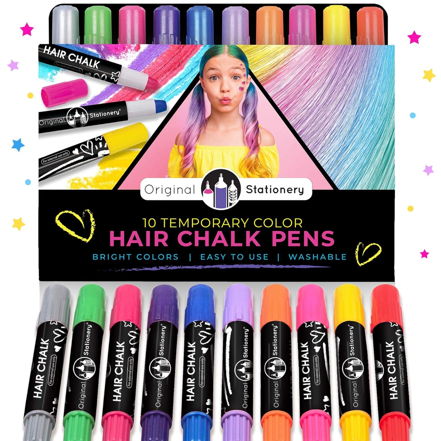Hair Chalk Pens for Kids - 10-Pack Washable Temporary Color Set | Metallic & Vibrant Shades, Fun Creative Activity for Ages 7+