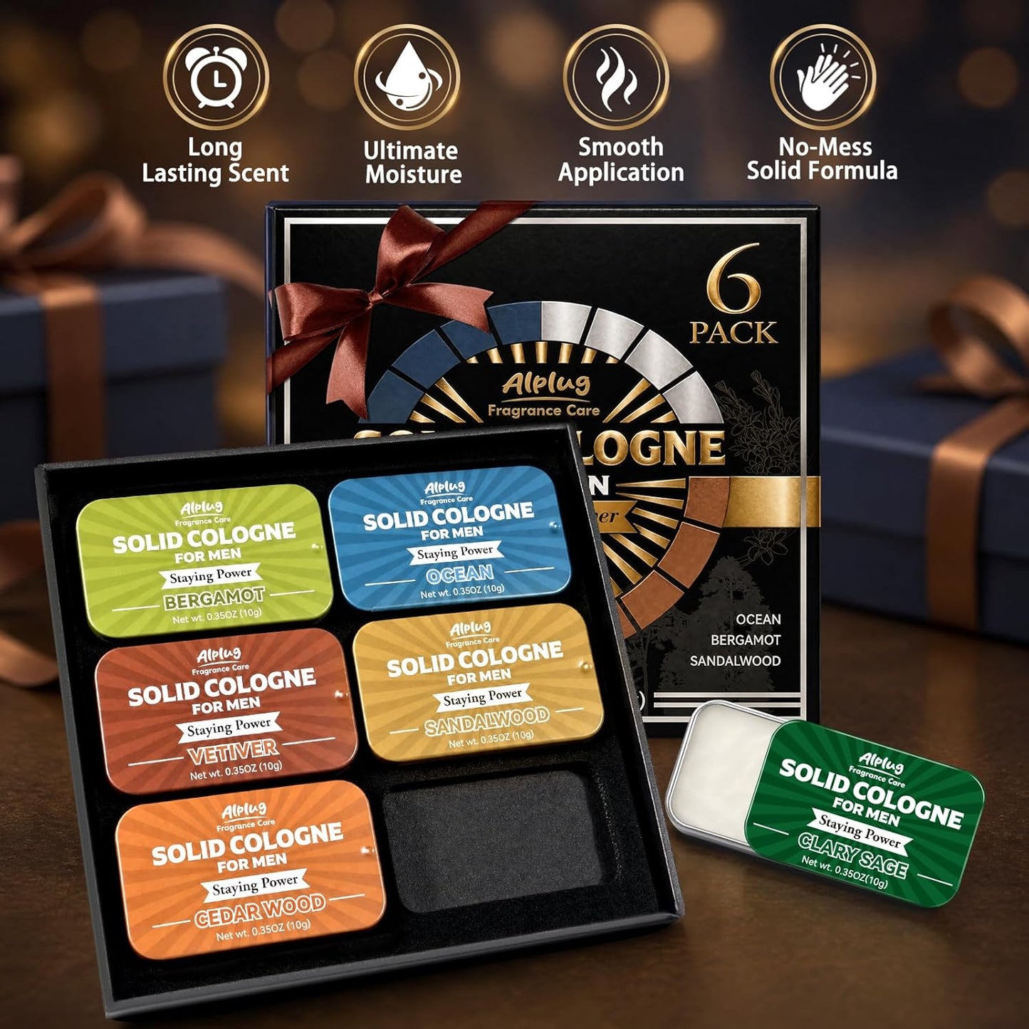 Solid Cologne Gift Set for Men - 6 Pack of Cedar Wood, Bergamot & Sandalwood | Perfect Father's Day Gift for Dad or Husband