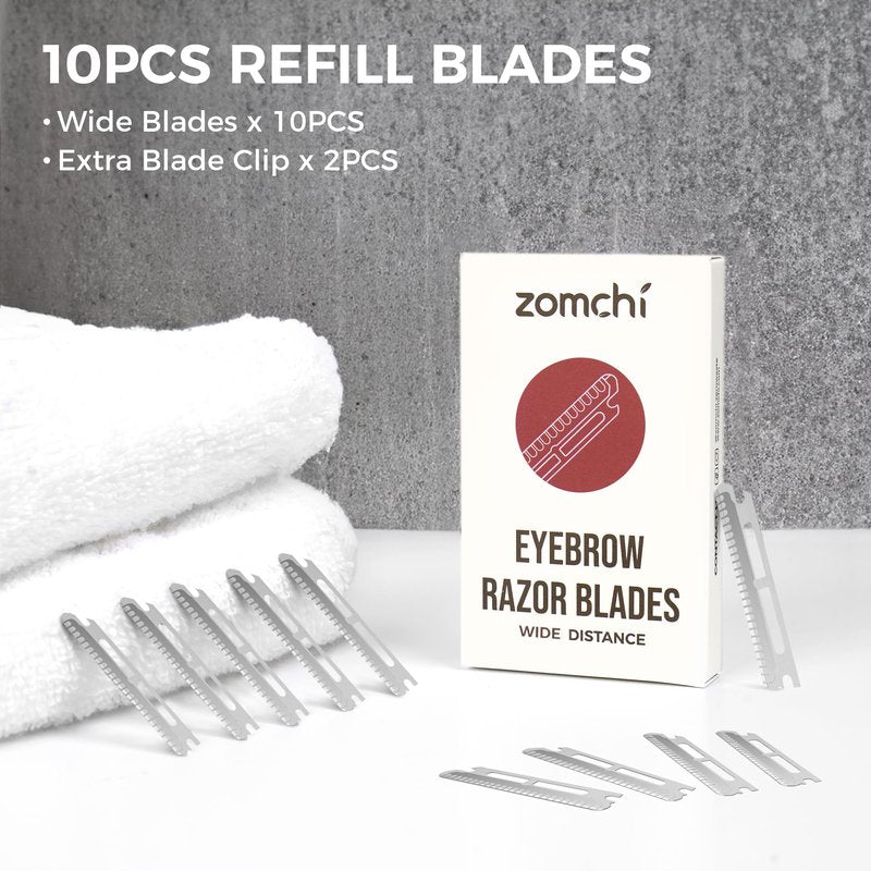 ZOMCHI Dermaplaning Razor Refills, Set of 10 Replacement Blades, Wide Distance, Metal, Plastic Free, Eyebrow Razor Blades