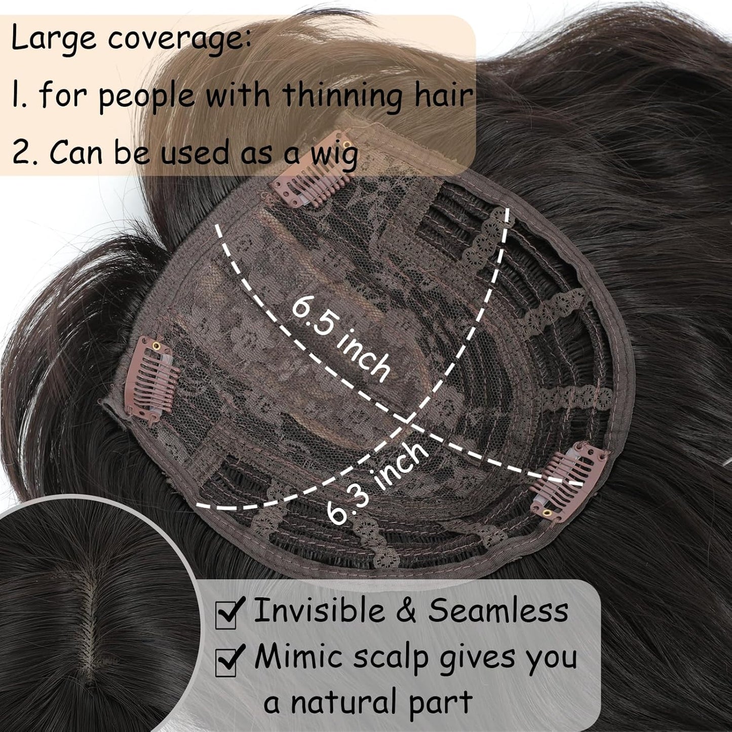 Hair Topper for Women - 16 Inch Synthetic Curly Wavy Clip-In with Wispy Bangs | Natural-Looking Volume (Dark Brown)
