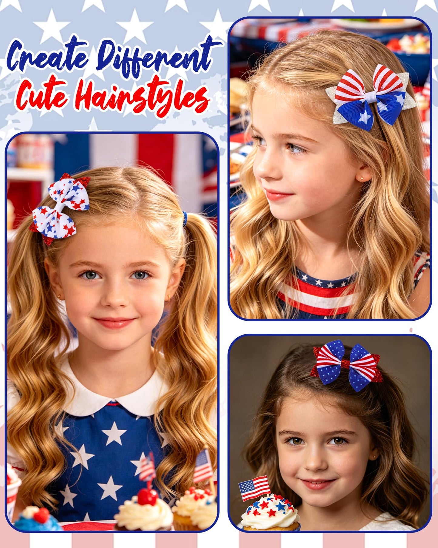 Jollybows 6pcs 4th of July Baby Hair Clips Girls Bows 2" Alligator Clip