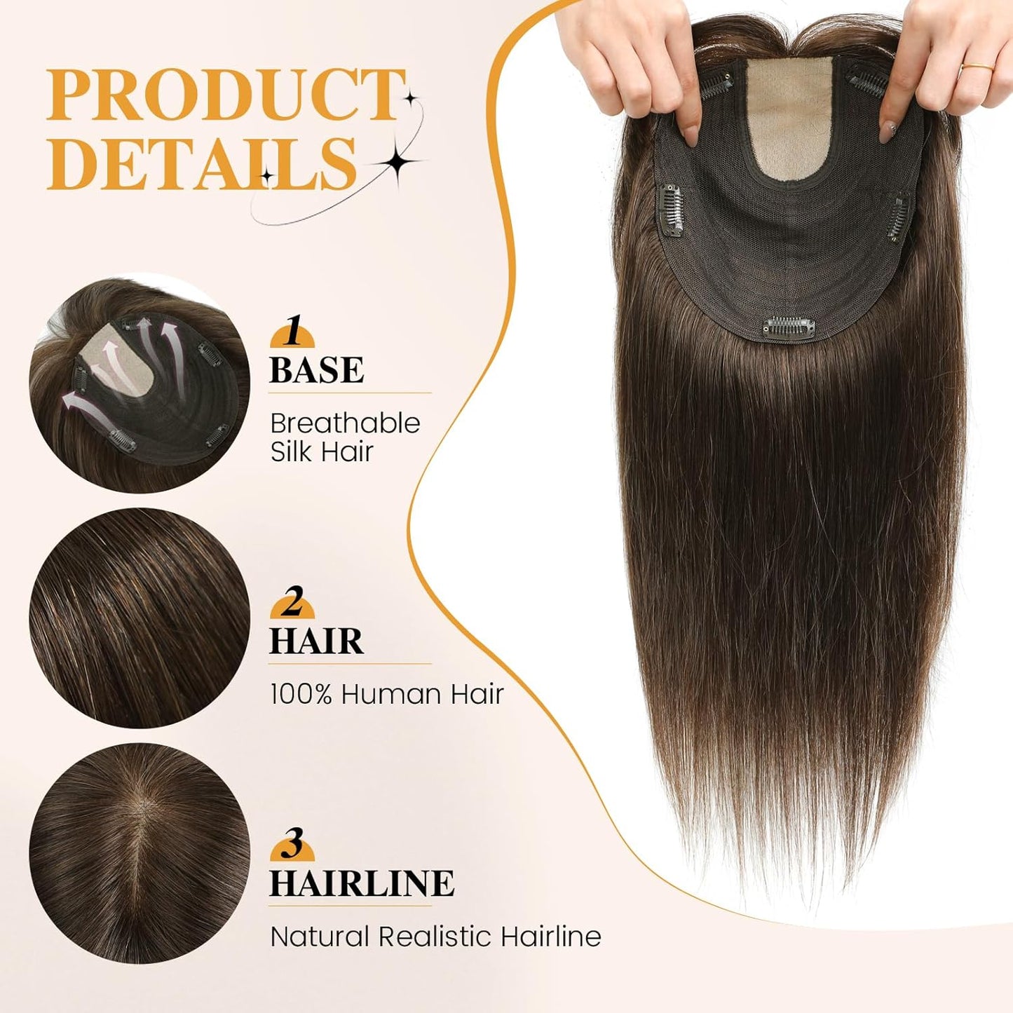YAMI Hair Toppers for Women - Real Human Hair Topper with Bangs | Medium Brown, 15 Inch Hairpiece for Thinning Hair