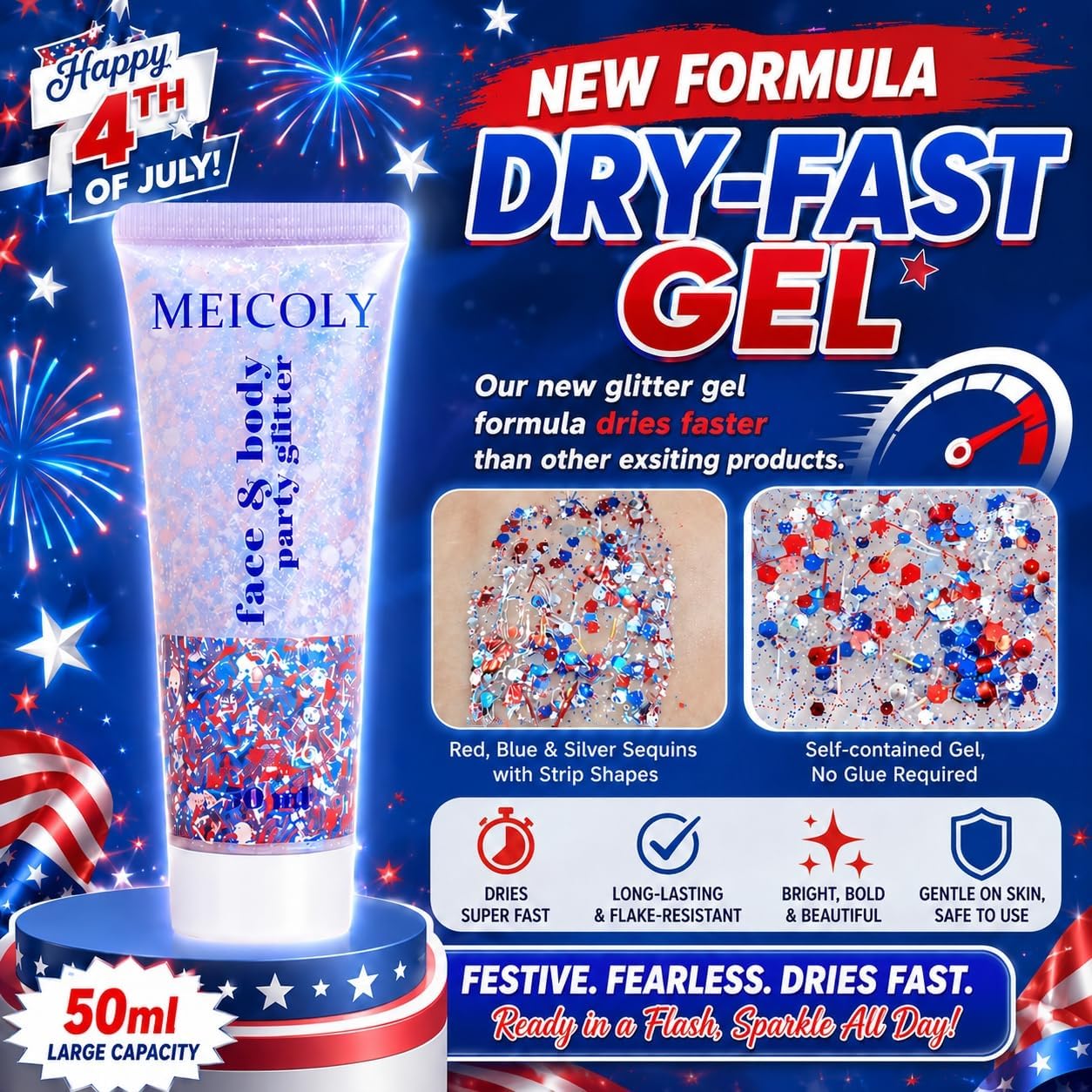 Red White and Blue Hair Glitter - Self-Adhesive Waterproof Face Glitter for 4th of July | Firework Ribbon Sequins