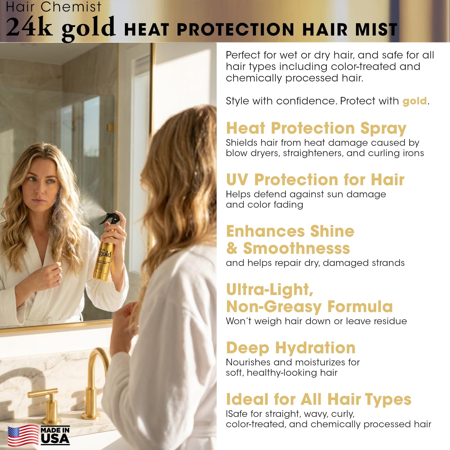 Hair Chemist 24k Gold Heat Protection Hair Mist 8 Ounce– UV & Thermal Heat Protectant Spray for Blow Drying & Flat Iron– Anti-Frizz and Shine, Lightweight, Non-Greasy Hydrating Formula– All Hair Types