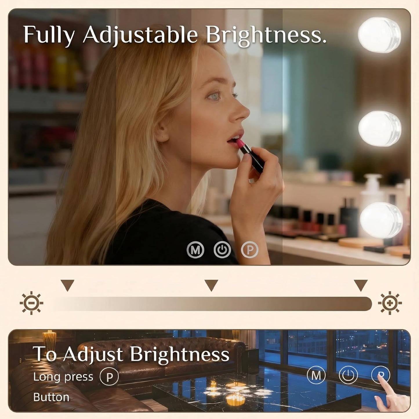 Makeup Vanity Mirror - 15 Dimmable LED Bulbs, 3 Color Lights | 23"x18" Large White Lighted Mirror with 10X Magnifying Feature