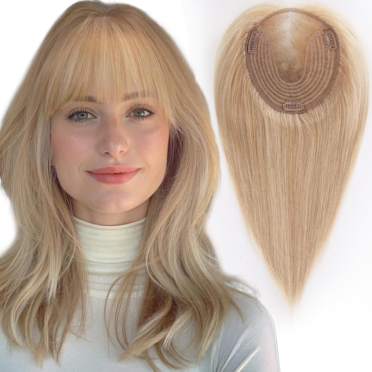 Real Human Hair Toppers for Women - 14 Inch Silk Base | Ash Blonde Mixed Brown with Bangs - 60g