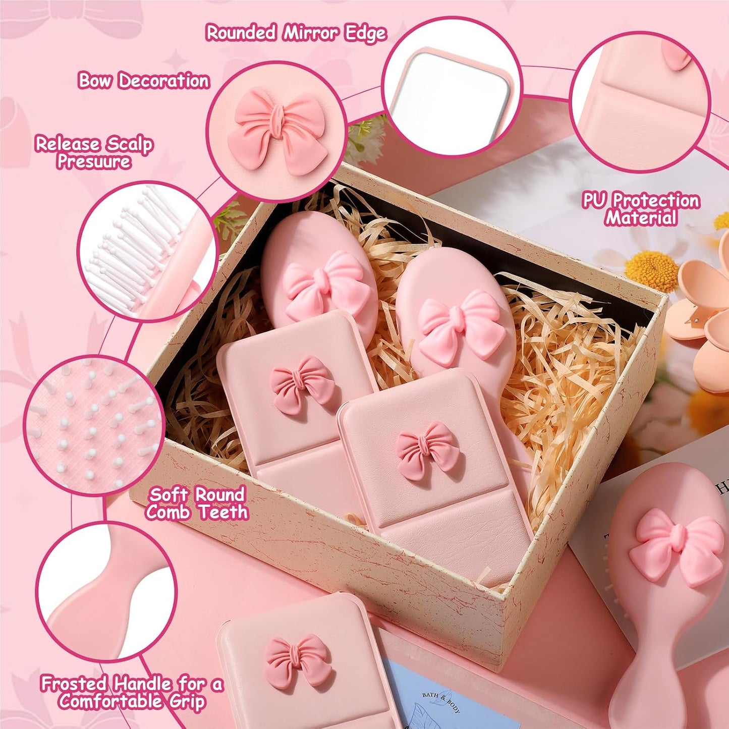 Coquette Bow Compact Mirror & Mini Hair Brush Set - 30 Pcs | Pink Travel Detangling Brushes for Parties & Gifts