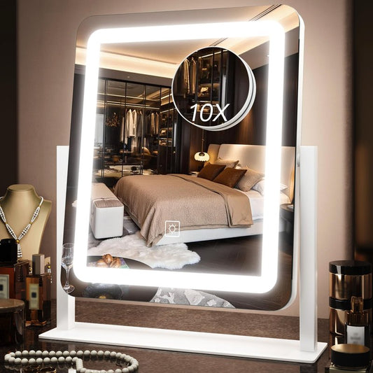 VEIOBFSA 15" x 13" Makeup Mirror with Lights, Vanity Mirror with Lights and Magnification, 3 Color Modes, Dimmable Brightness and Memory, Desk Mirror with Light for Makeup，White Lighted Vanity Mirror
