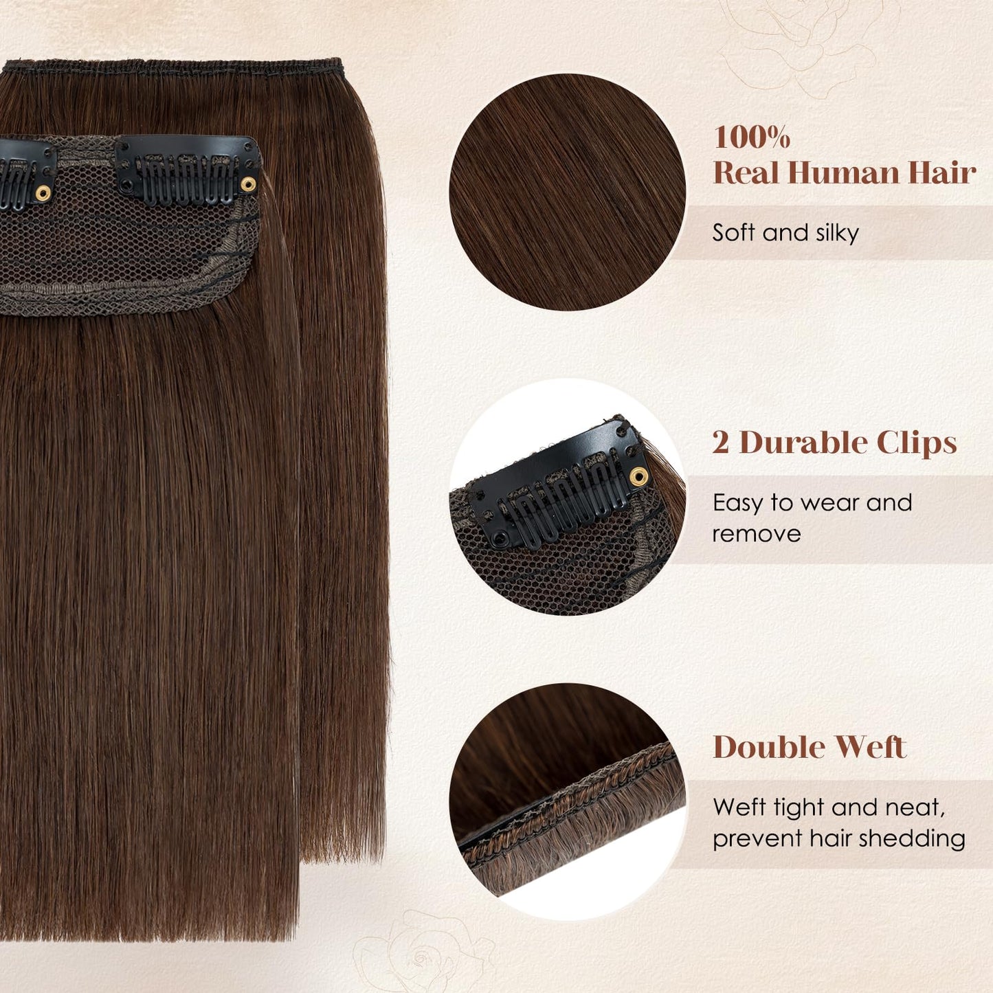 Charites Clip in Hair Extensions Real Human Hair Short Extensions for Women Adding Volume 2 Pcs Invisible Clip on Hairpieces with Thinning 6 Inch Medium Brown