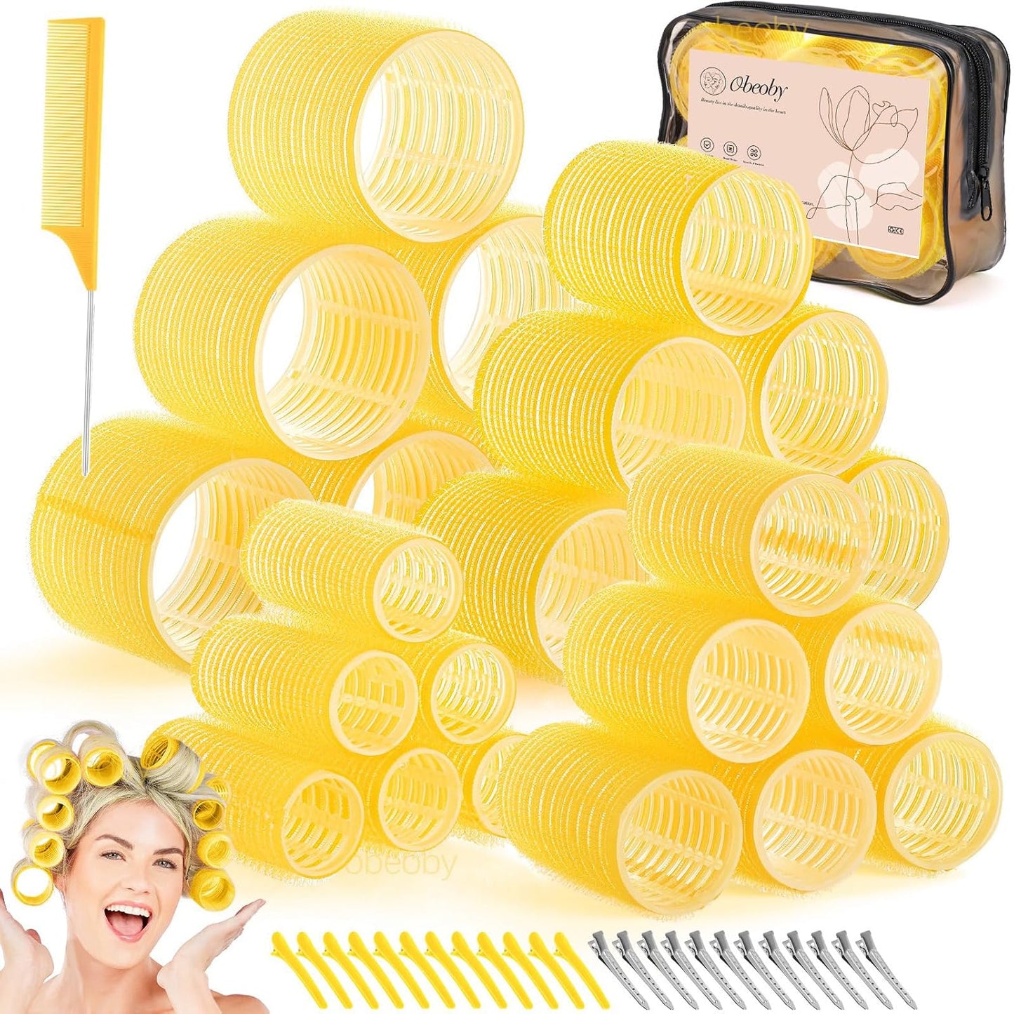 Self-Grip Hair Rollers Set - 50 Pcs for Long, Short Hair & Bangs | 4 Sizes (25mm, 36mm, 48mm, 60mm) - Pink