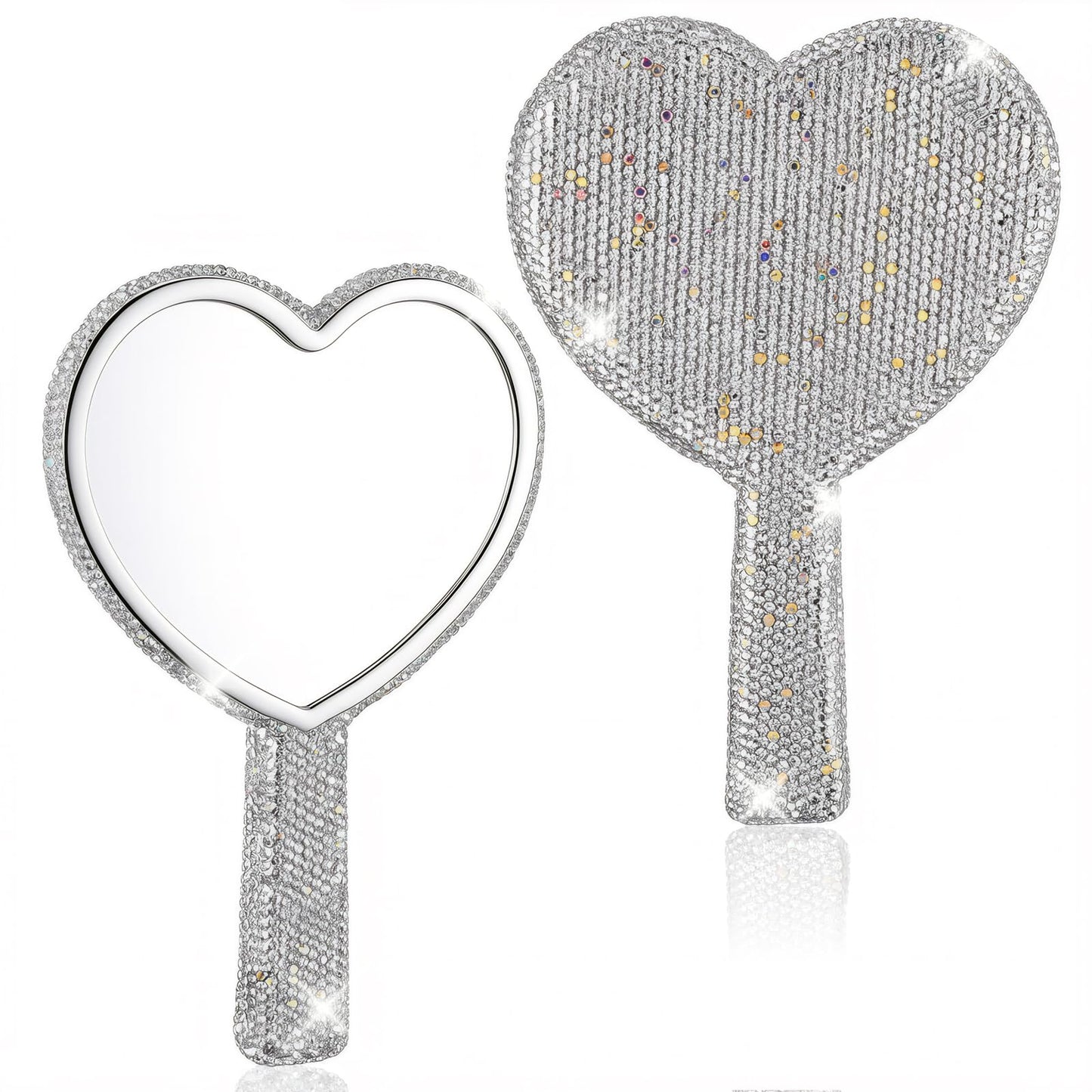 Exircy Large Rhinestone Handheld Mirror Heart Shaped Bling Glitter Cosmetic Hand Mirror with Handle Portable Hand Mirrors Sparkling Cute Hands Mirrors for Wedding Make up Women (Silver)