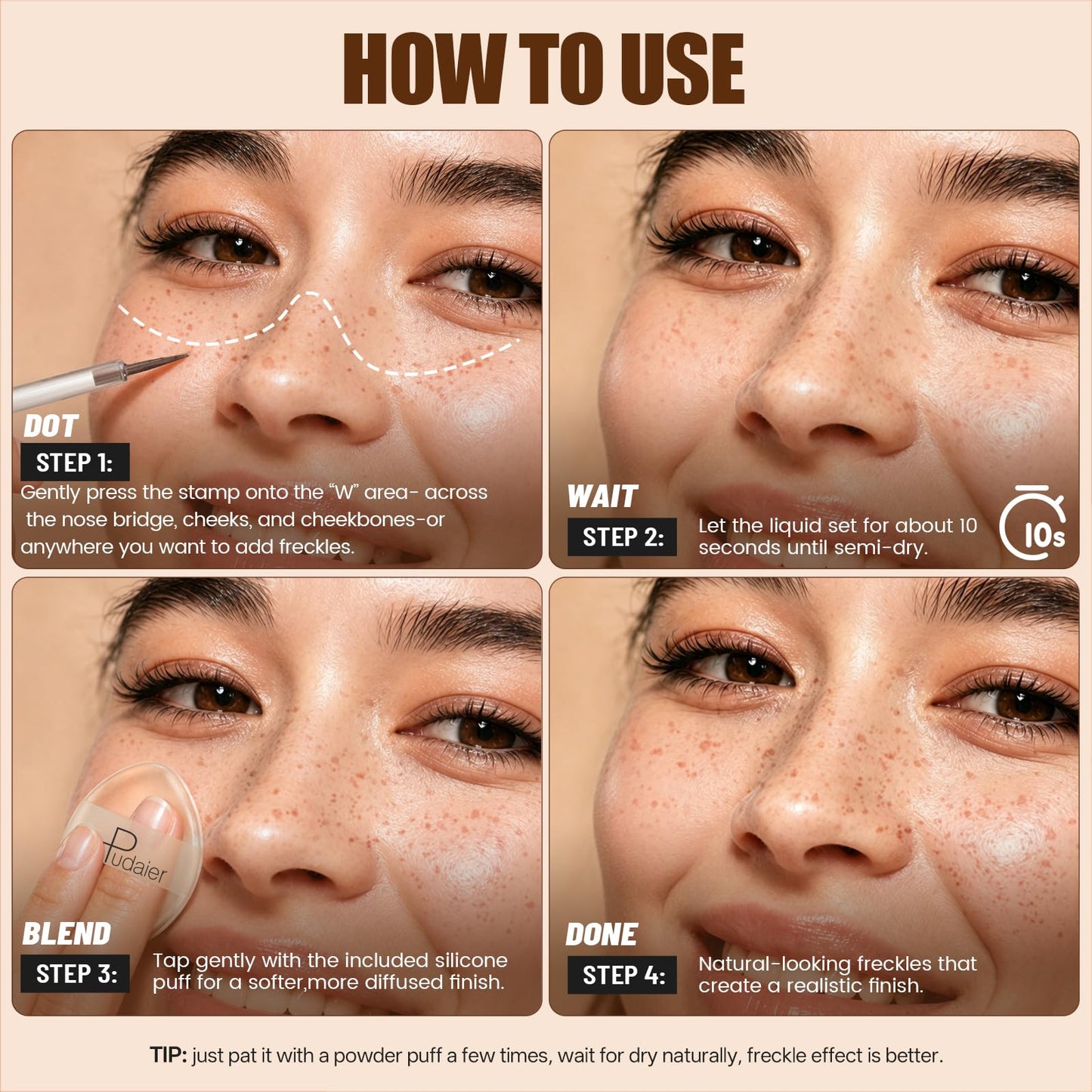 Pudaier Freckle Pen - Waterproof Faux Freckle Stamp Pen With a Silicone Puff, Liquid Freckle Natural-Looking Freckle Makeup, Long-Lasting Magic Fake Freckles Marker for Sunkissed Makeup, 01 Almond
