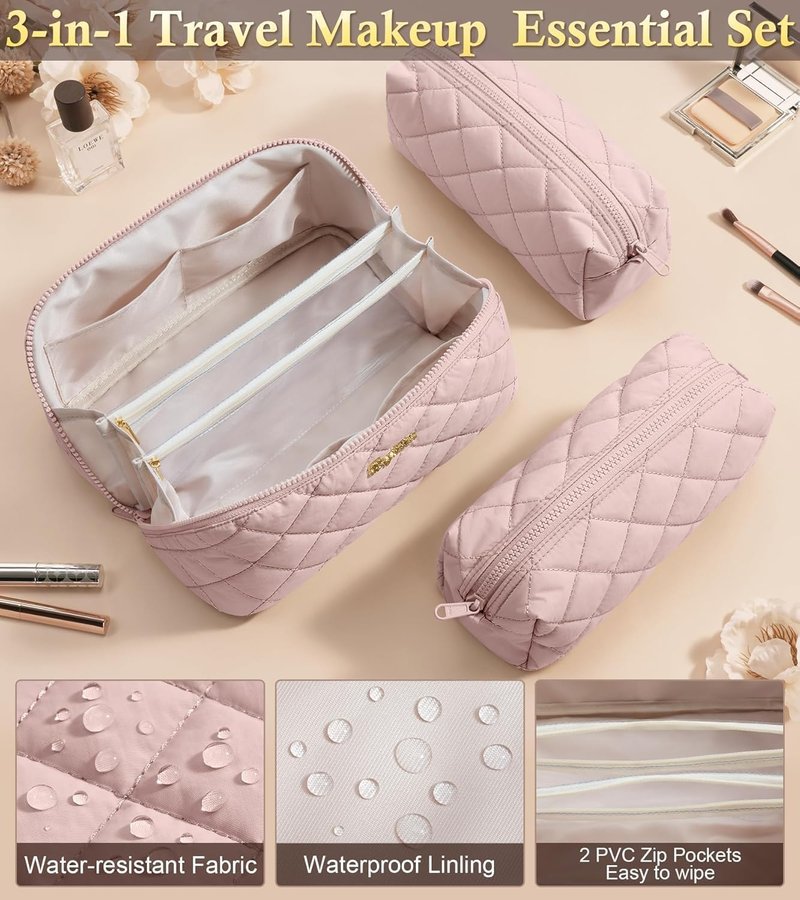 Travel Makeup Bag - 3 Pcs Large Capacity Toiletry Organizer for Women | Water-Resistant, Portable, Light Pink