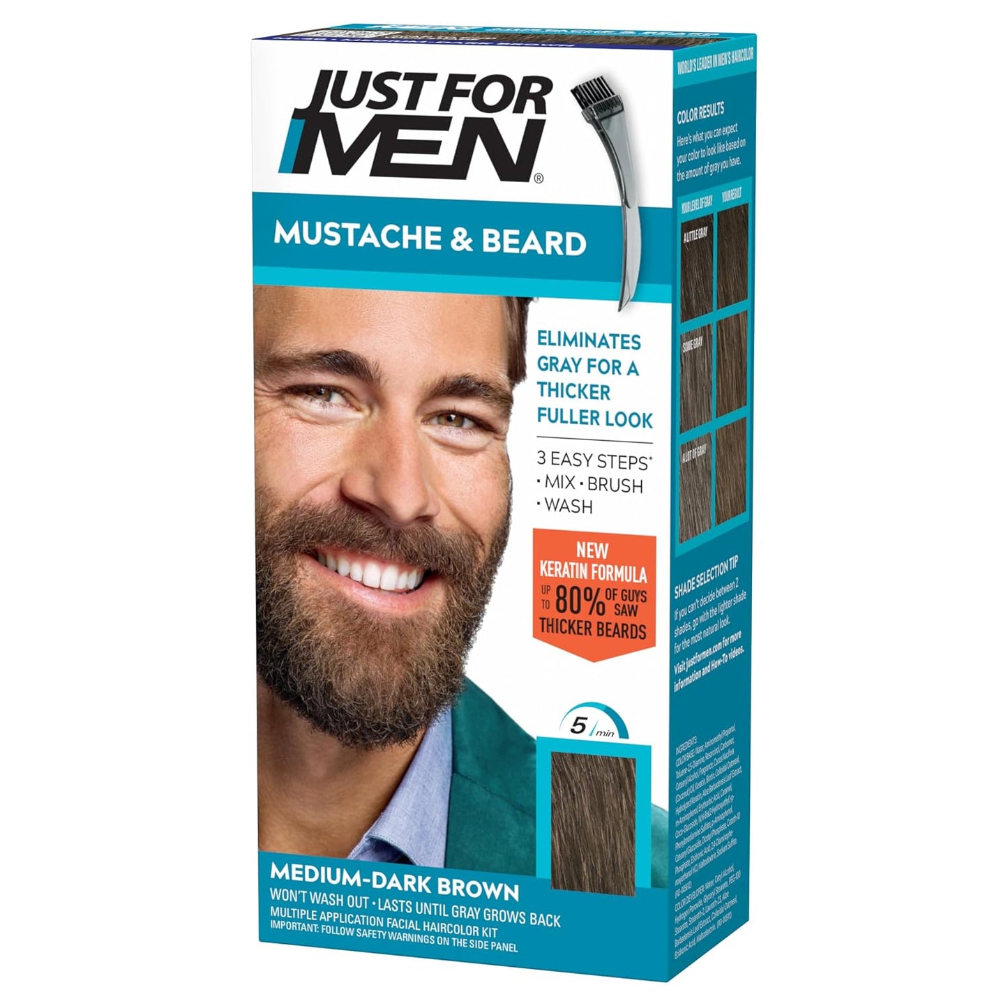 Just For Men Mustache & Beard Color | Gray Hair Beard Coloring with Keratin, Biotin & Aloe - Medium Brown M-35