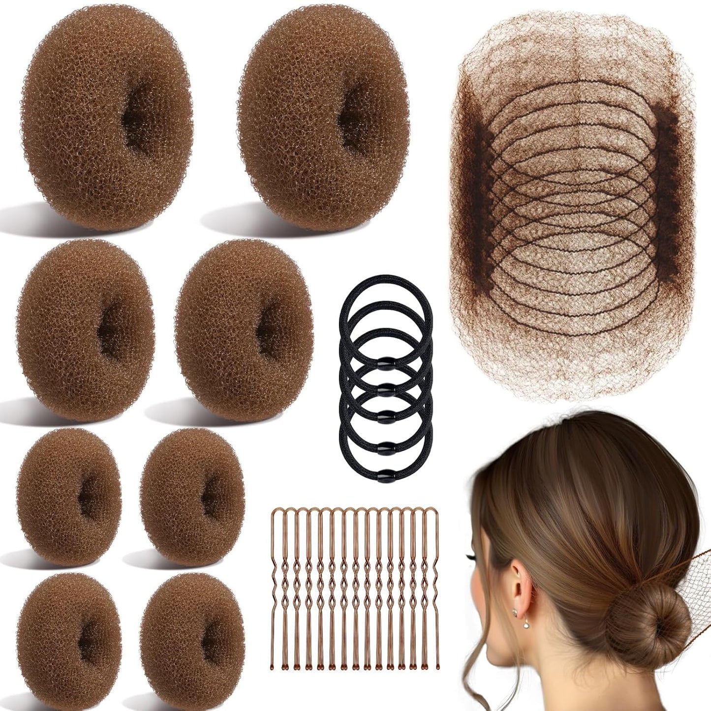 Bun Maker Set - 8 Bun Makers, 10 Brown Hair Nets & 40 Bobby Pins for Dance & Ballet | Hair Accessory Kit