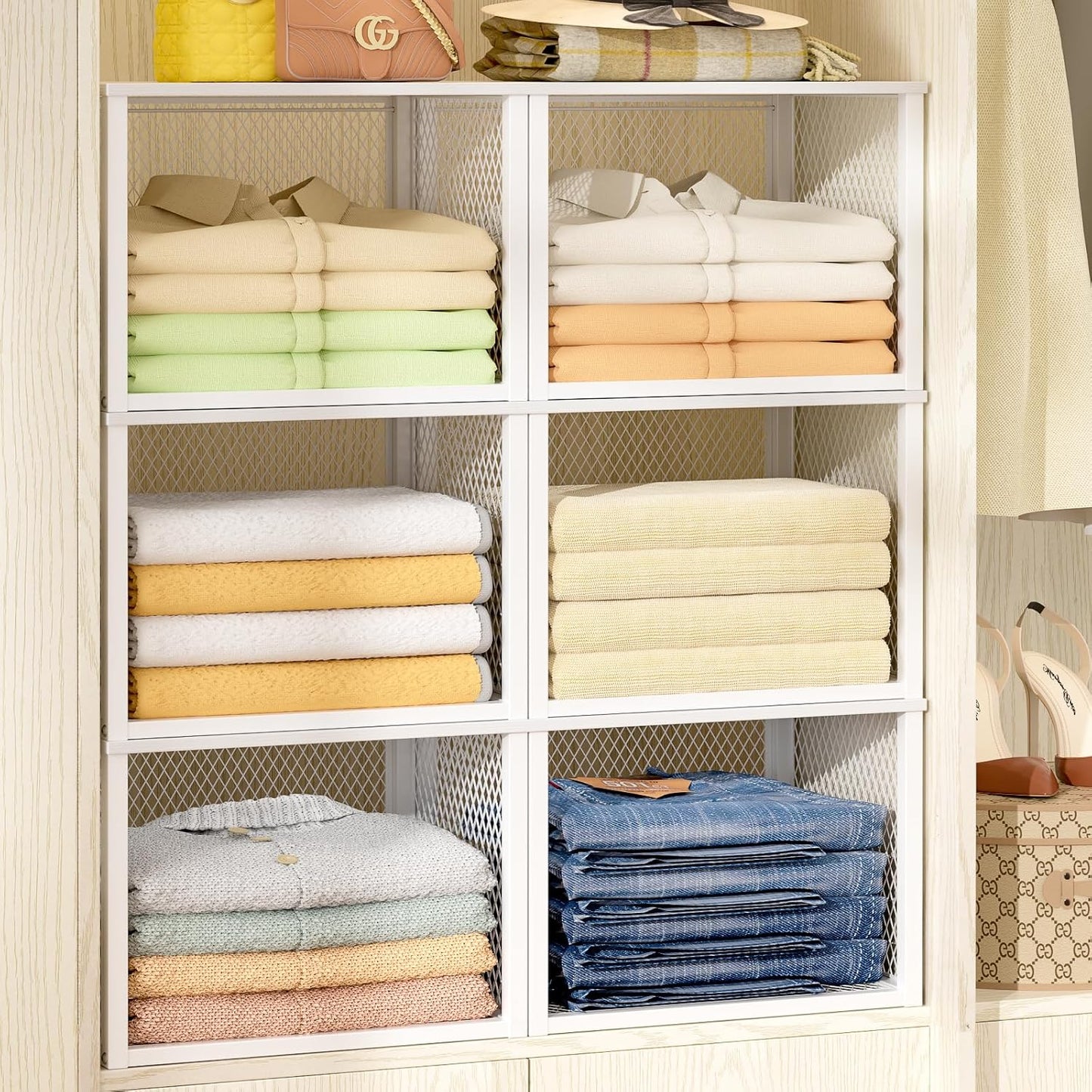 Stackable Closet Organizers - 3 Pack Storage Baskets with Wood Top | Multifunctional Clothes Organizer for Wardrobe, Kitchen, Laundry Room - White