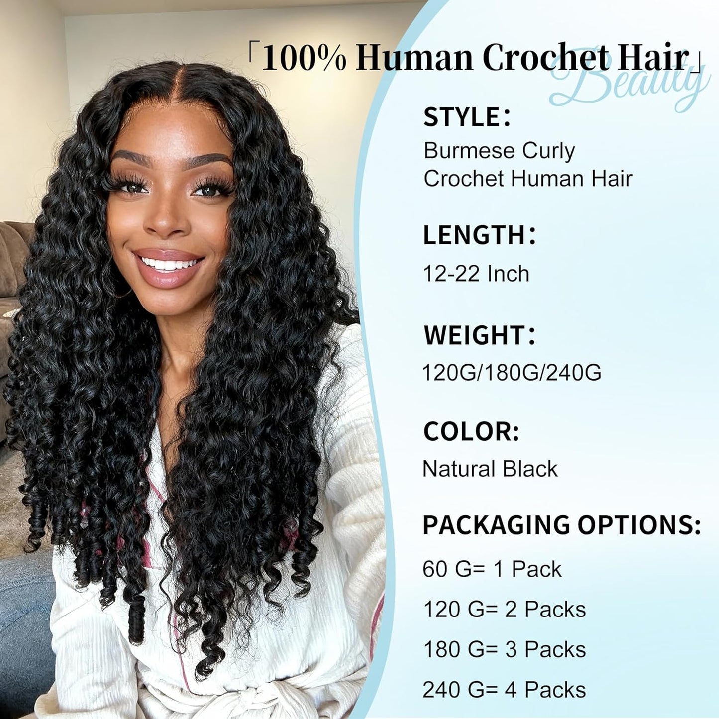 Human Crochet Hair for Black Women - 20 Inch Burmese Curly Bundles | 180g Pre-Separated Extensions