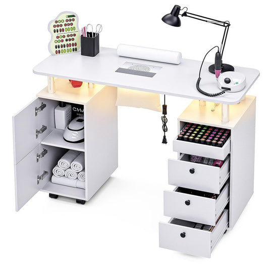 HolaiNail Nail Desk for Nail Tech w/Electric Dust Collector, Rolling Manicure Table w/Lockable Wheels, Storage Drawers, Wrist Cushion, Acetone Resistant, for Nail Beauty Salon Workstation (White)
