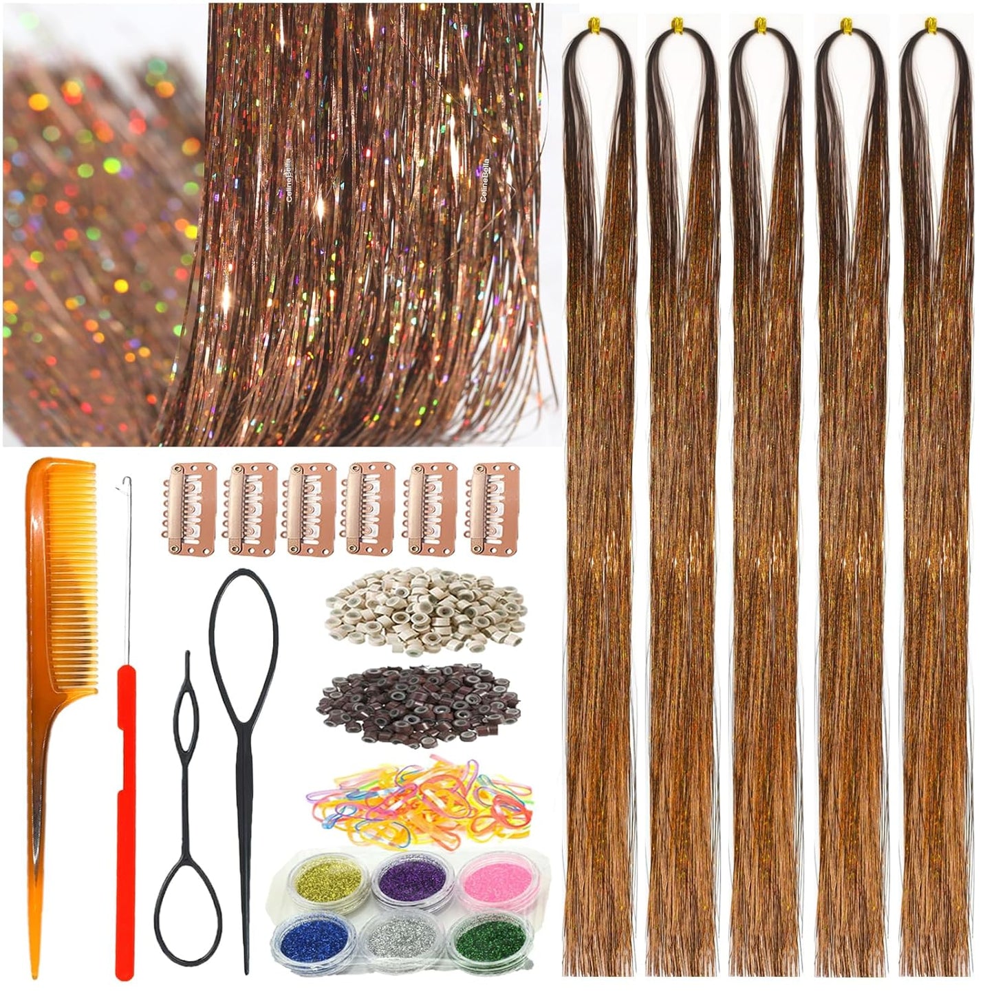 Gold Turquoise Hair Tinsel - Ice Crystal Effect, 48 Inch, 1250 Strands | Heat Resistant Sparkling Glitter for Women Party Cosplay