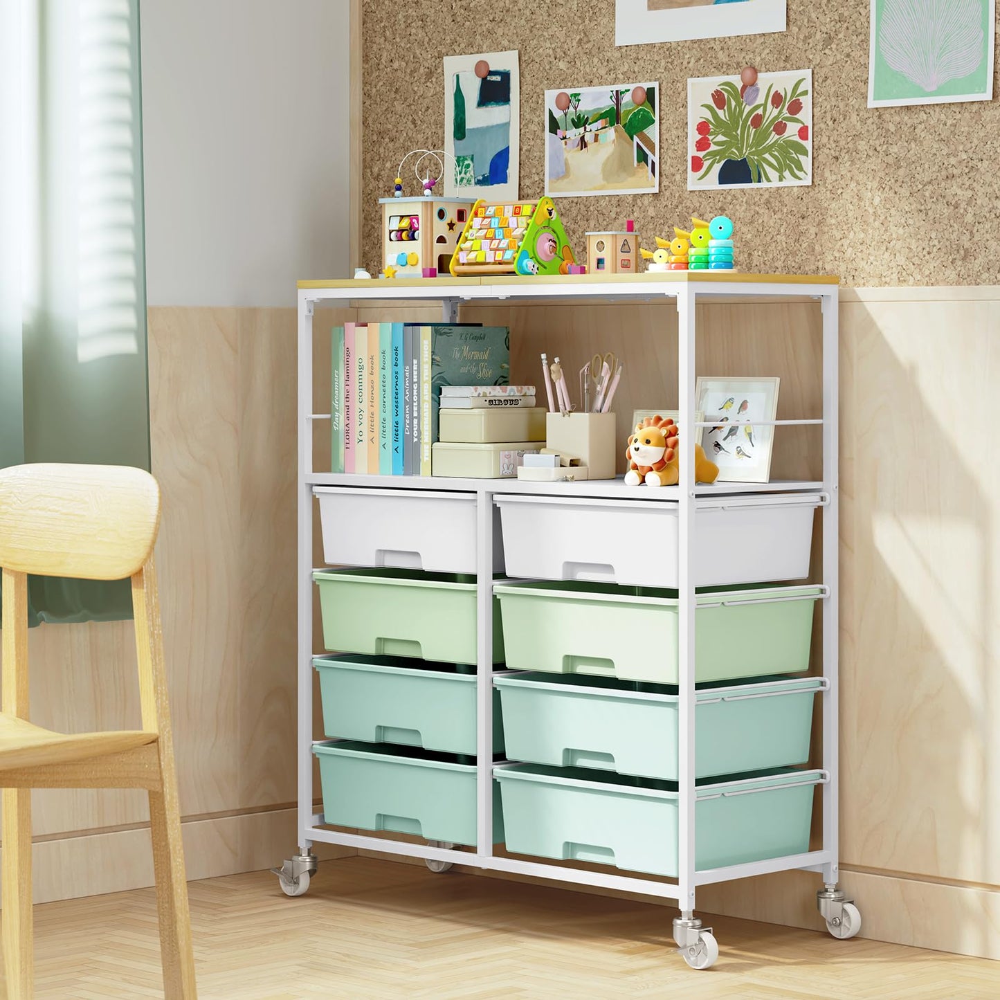 Rolling cart with 8 drawers,Storage drawer cart with wooden tabletop,Lockable wheels organizer for homeschool, arts & crafts, classroom, office & creative spaces (Green)