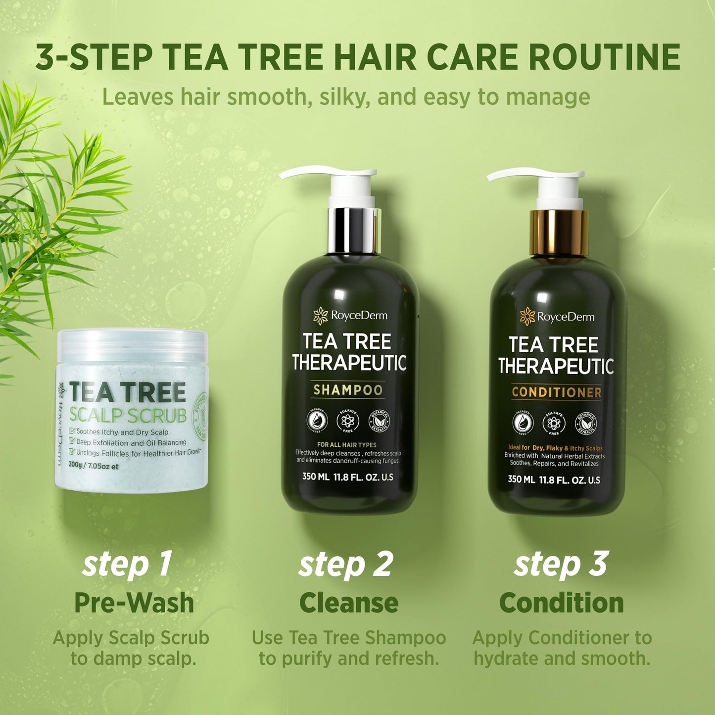 Roycederm Tea Tree Antifungal Scalp Care Set – Pre-Shampoo Scrub + Tea Tree Antifungal Shampoo + Hydrating Conditioner – Itchy & Dry Scalp Relief, Dandruff & Folliculitis Treatment