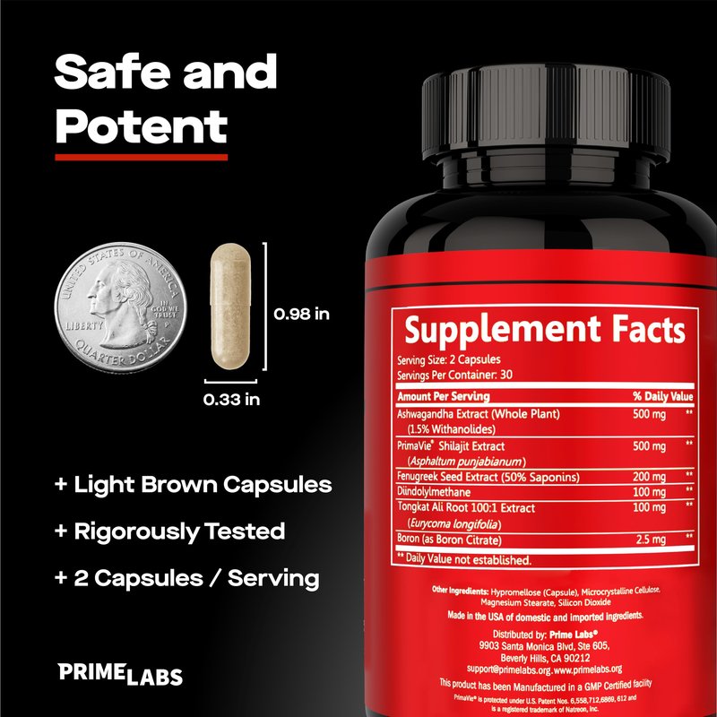 Prime Labs Prime Test Pro - Testosterone Supplement for Men - Test, Vitality, & Energy Booster - with Ashwagandha, PrimaVie Shilajit Extract, & DIM - 60 Capsules