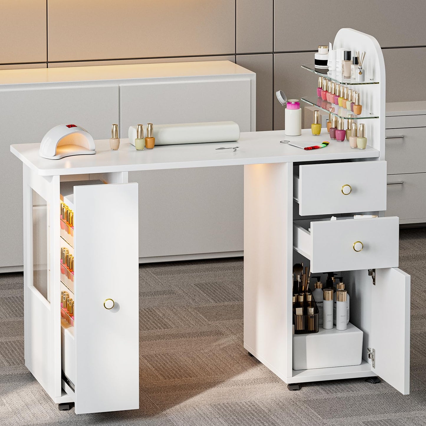 TTGIEET Professional Nail Desk for Nail Tech w/LED Light Display Cabinet, Rolling Manicure Table with Lockable Wheels, Storage Drawers, Wrist Cushion, Acetone Resistant, for Beauty Salon, Spa & Home