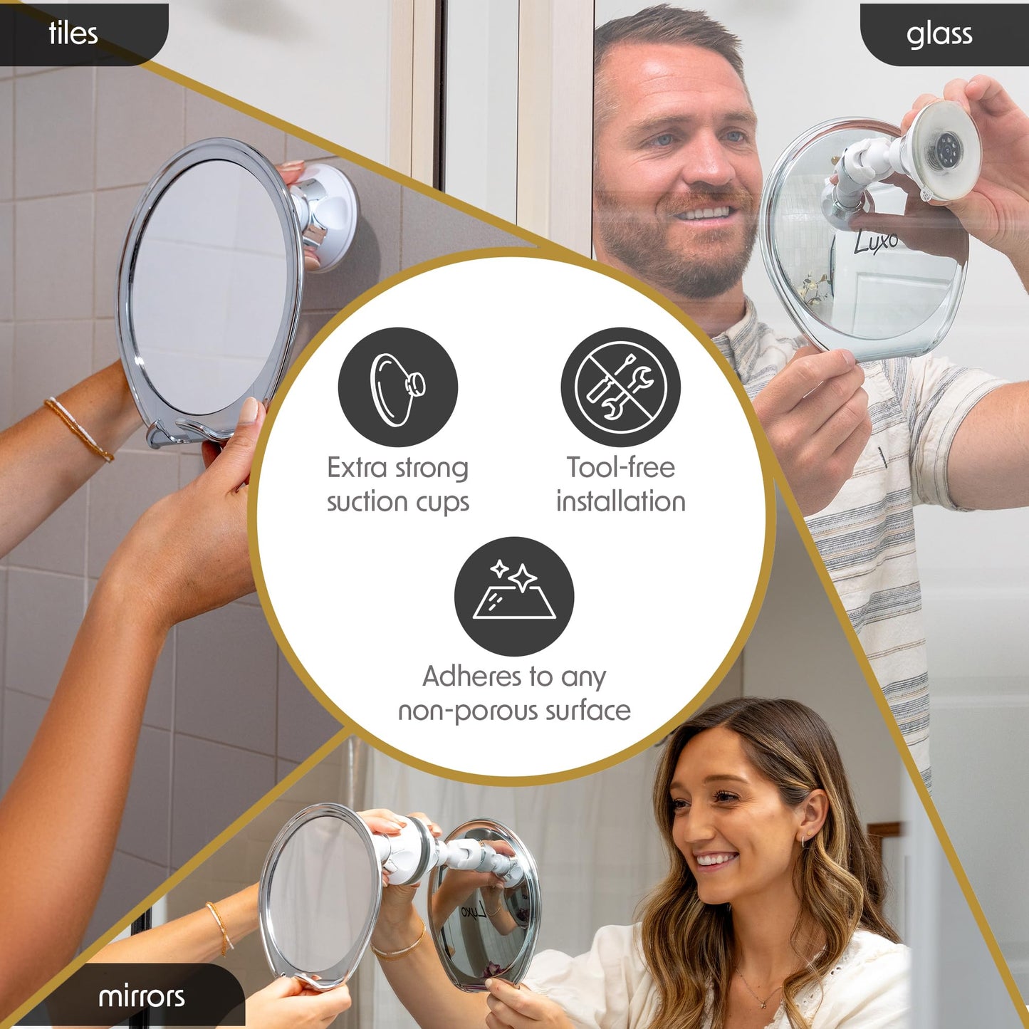 Luxo Shower Mirror, Shaving Mirror with a Razor Holder for Shower and Powerful Suction Cup - Shatterproof Shower Mirror fogless for Shaving, fogless Mirror for Shower (Chrome)