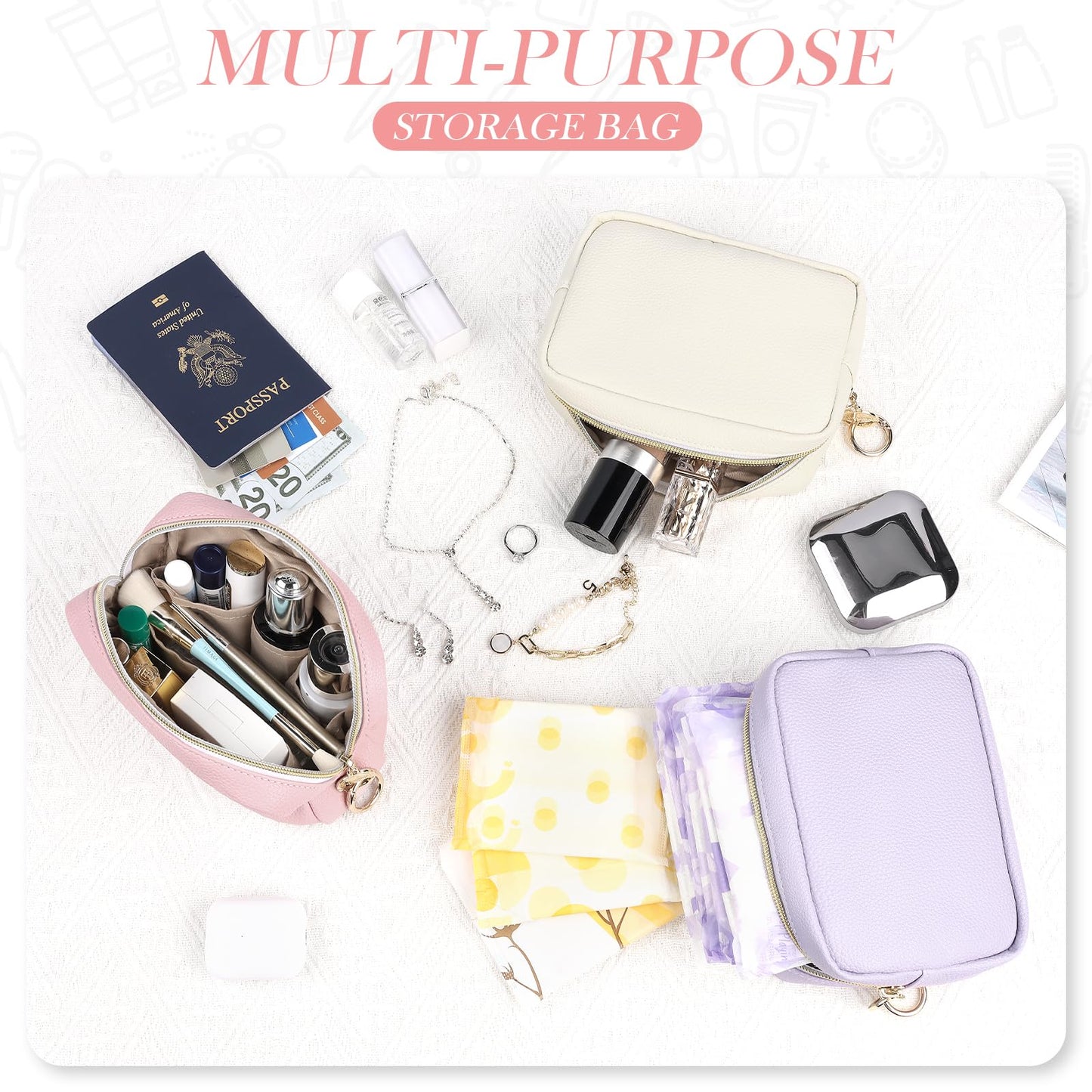 Playexen Small Makeup Bag for Purse, Multi Pockets Cosmetic Bag, PU-Beige