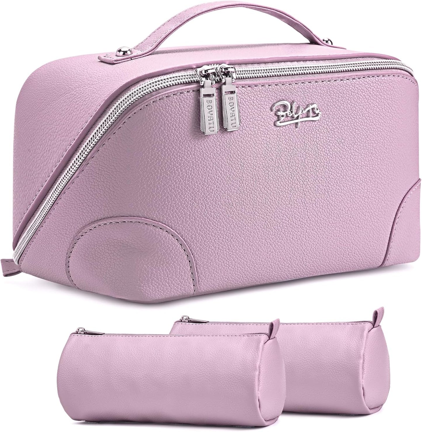 Travel Makeup Bag Set - Large Vegan Leather Cosmetic Organizer with Handle | 3 Pcs Portable Toiletry Bags in Coffee