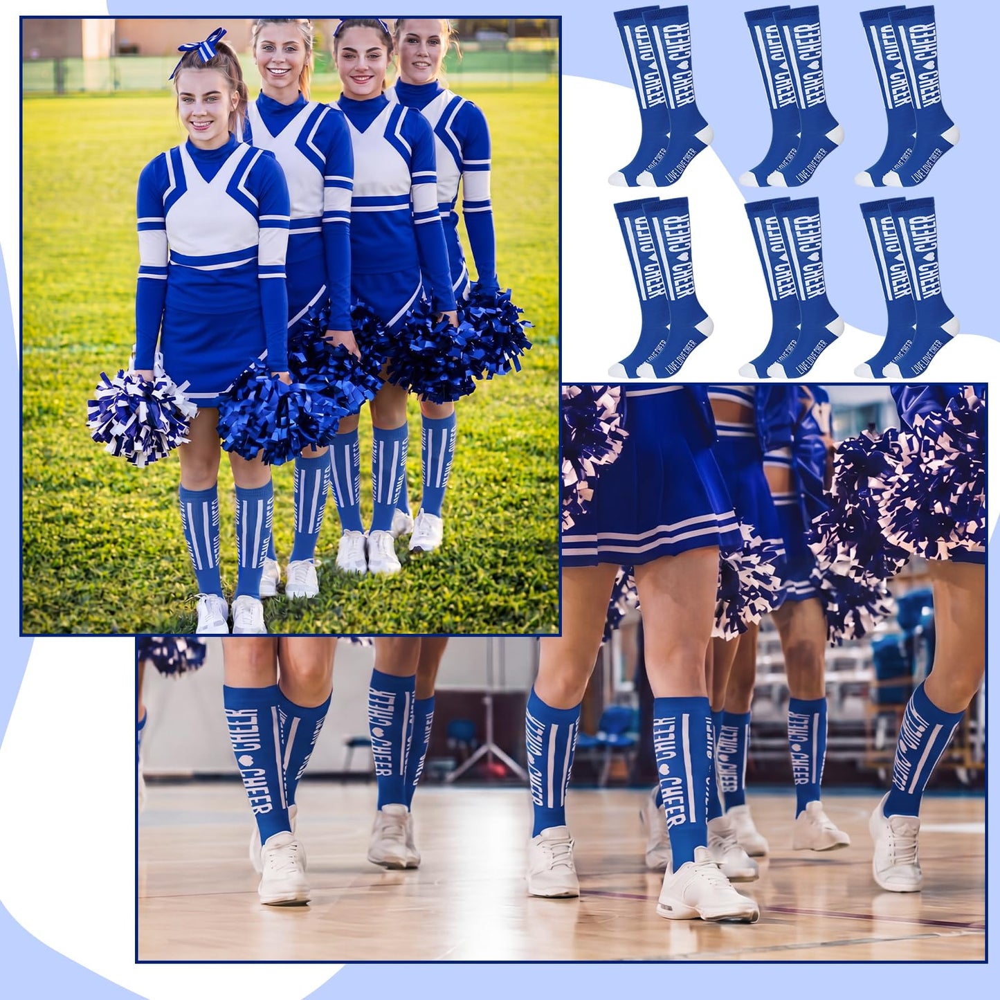 Twistover 6 Pairs Cheer Socks Bulk Live Love Cheer Cheerleader Team Knee-High Cheers Sock Spirit Team Accessories Gifts (Royal Blue)