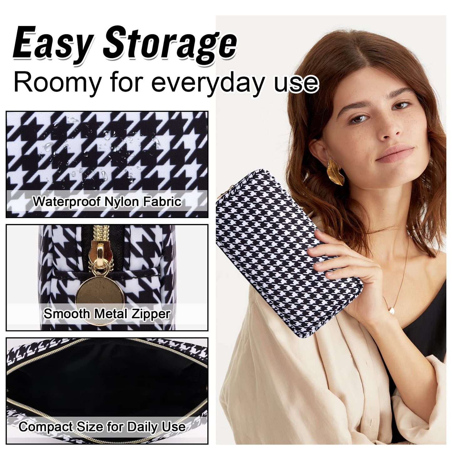 Nylon Small Makeup Bag for Purse, Cute Makeup Pouch Bag Preppy Cosmetic Zipper Pouch Purse, Portable Travel Toiletry Bag Clutch Makeup Brush Bag Organizer Storage for Ladies Girls(Black Houndstooth)