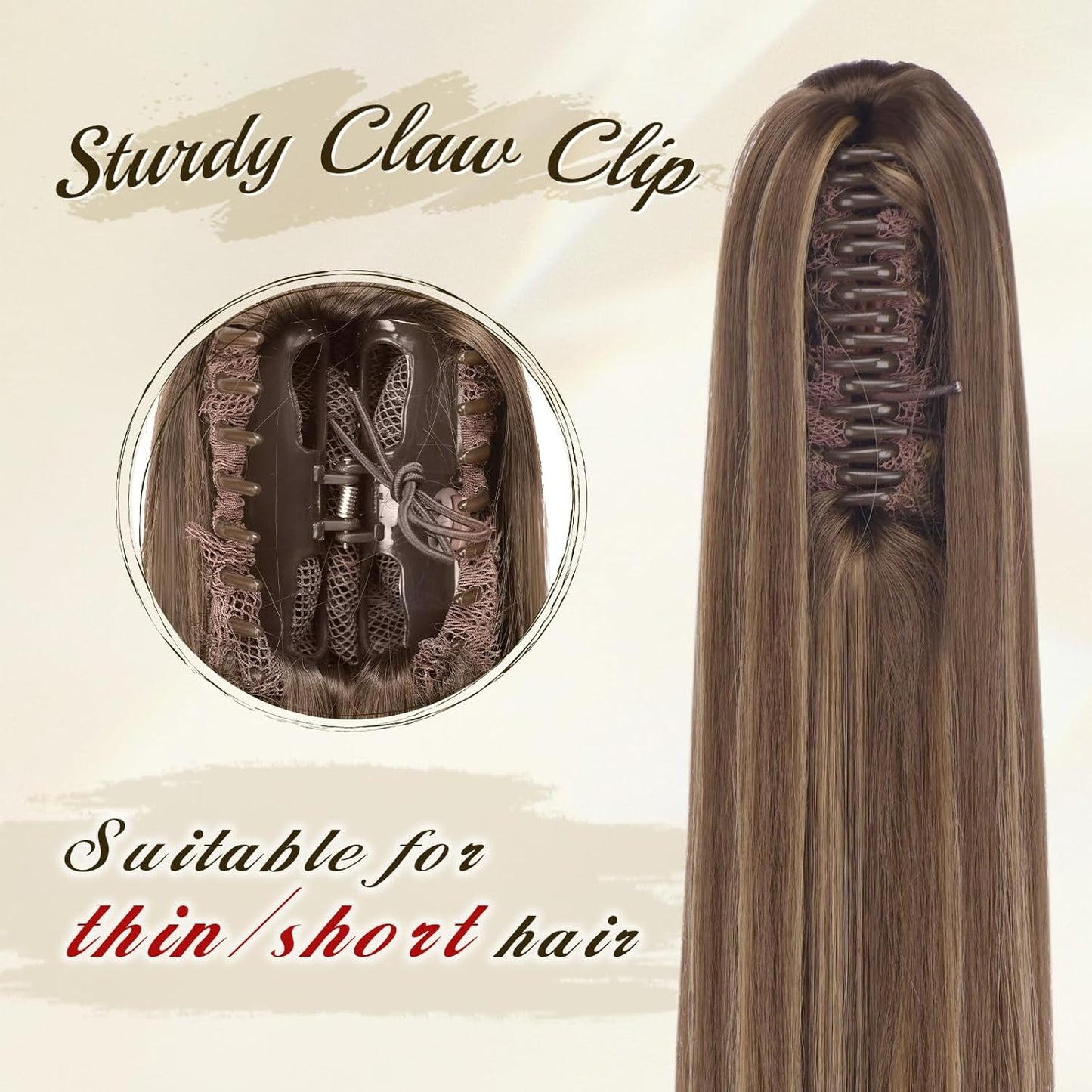 Claw Ponytail Extensions - 25-Inch Long Straight Clip-In Hairpieces | Honey Blonde & Light Brown Mix