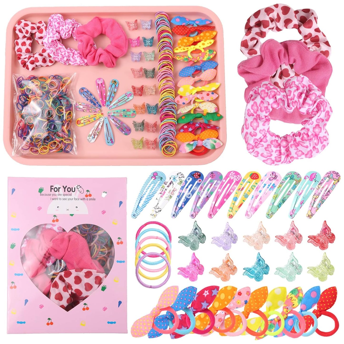 Colorful Elastic Hair Ties Set for Girls - 505PCS Cute Rabbit Ear, Mini Flower Clips & Satin Silk Scrunchies | Gift Box Included