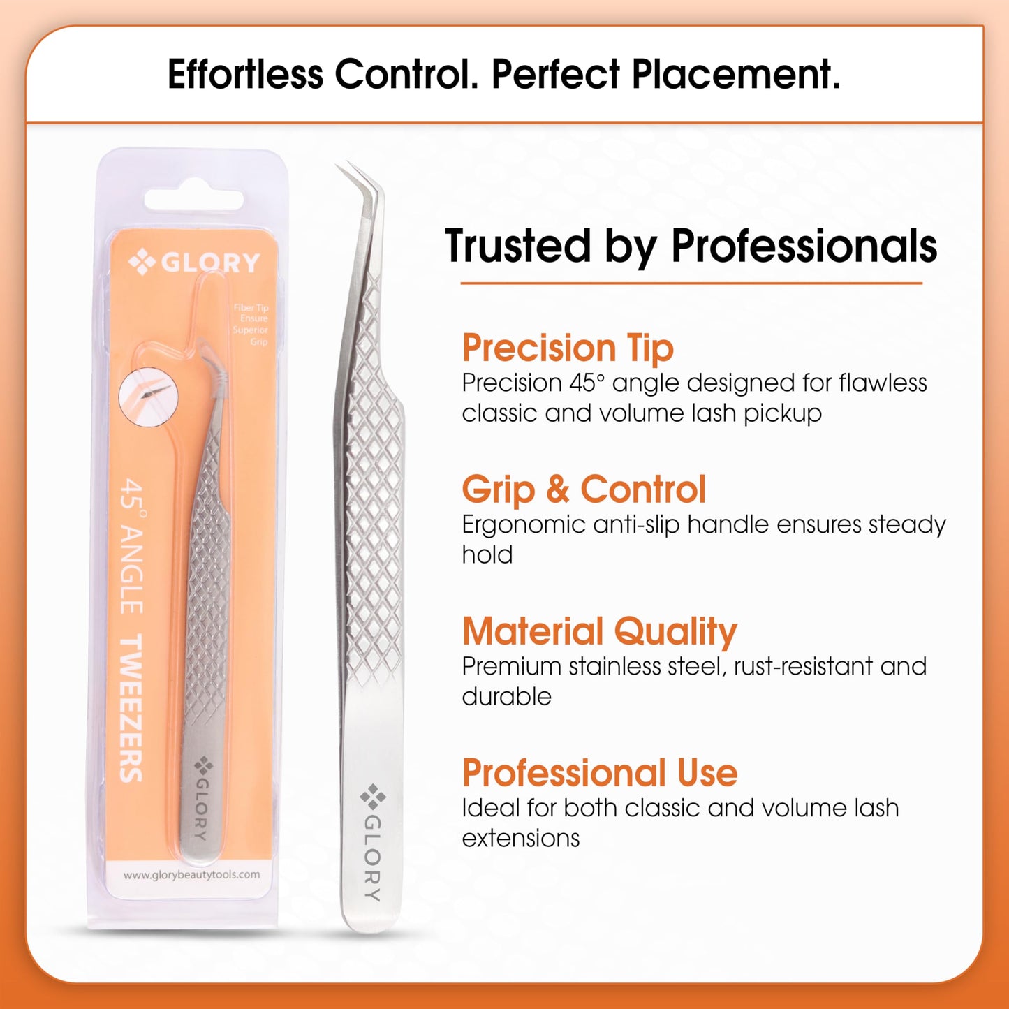 Glory Professional 45 Degree Angle Lash Tweezers for Eyelash Extensions, Precision Fiber Tip Diamond Grip Stainless Steel Lash Tool for Classic, Volume & Mega Volume Professional Lash Tech Supplies