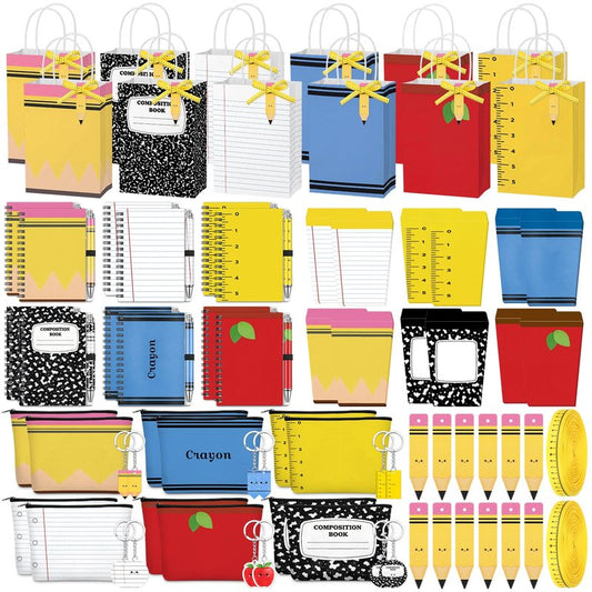 Sabary 12 Sets Teacher Appreciation Gifts Paper Roll Pens Acrylic Keychains Makeup Bags Coil Notebooks Sticky Notes Paper Bags Teacher's Name Tags Ruler for Graduation Party Teacher Gift Bulk