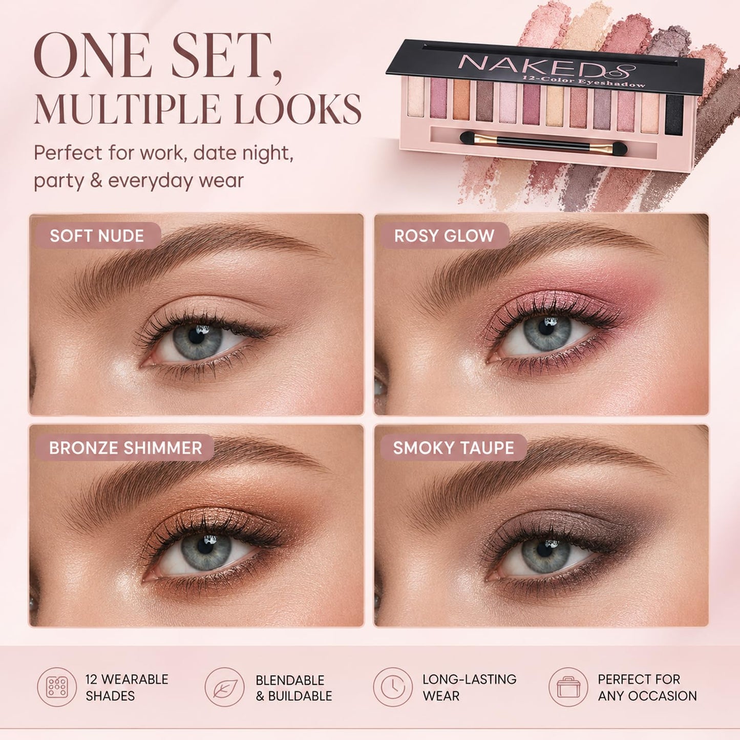 Sulily 12 Colors Naked Eyeshadow Palette Kit, Nude Matte Shimmer Smokey Glitter Pigment Eye Shadow Palettes, Professional Waterproof Makeup Palettes, Eye Shadow Gifts for Women
