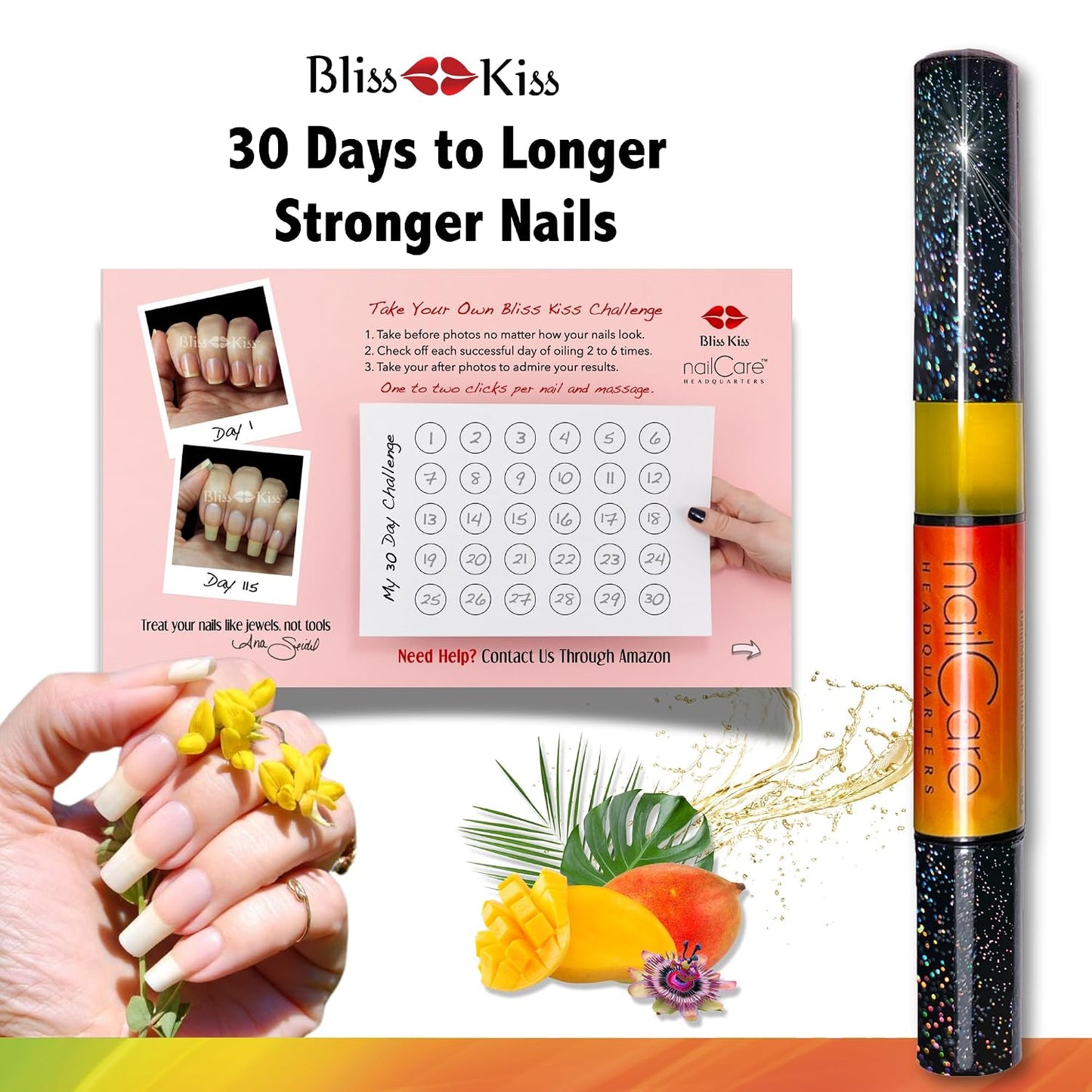 Bliss Kiss Cuticle Oil Pen - Bali Mango Jojoba Nail Growth Oil for Softer Cuticles | TSA Friendly | 2ml