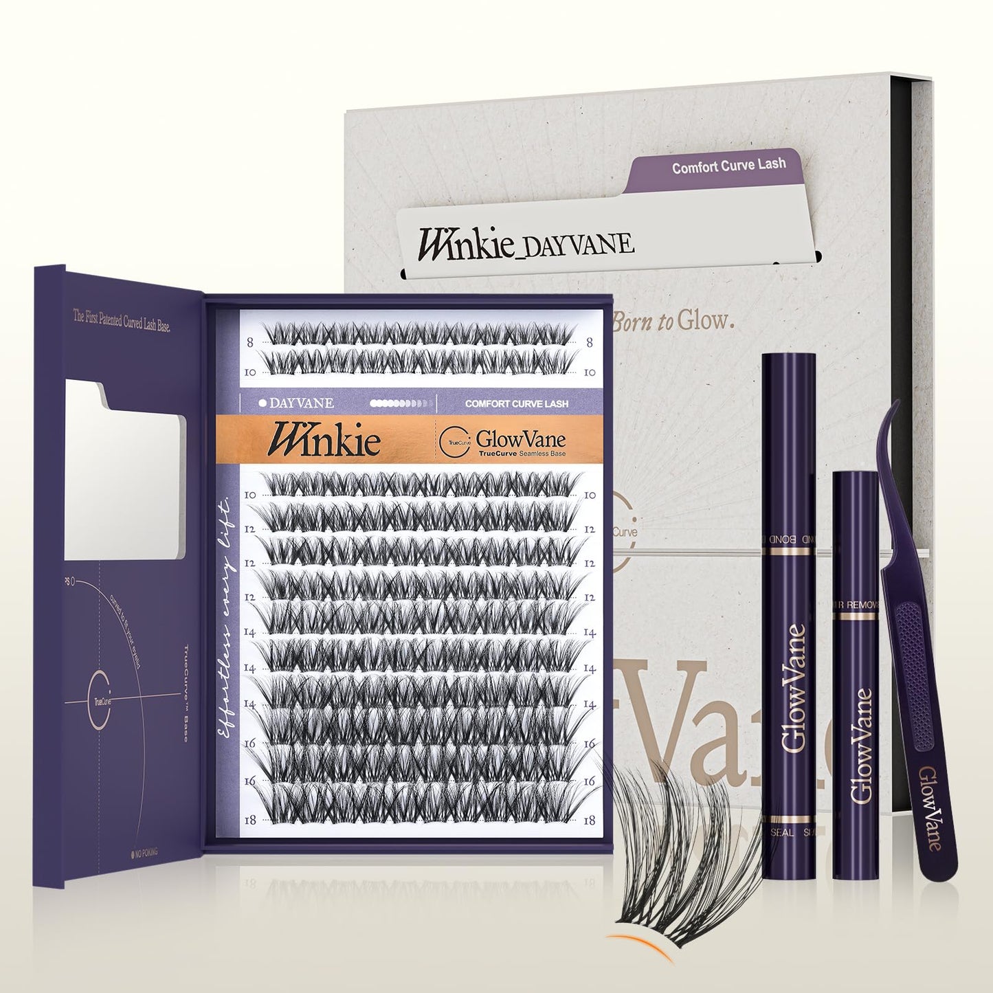 GlowVane True-Curve Lash Clusters Kit, Soft Natural Look Eyelash Clusters for All-Day Comfort, 0.03mm Wispy D Curl Lashes, 8-18mm Lightweight Curved Band Lashes, Beginner-Friendly (Winkie Kit)