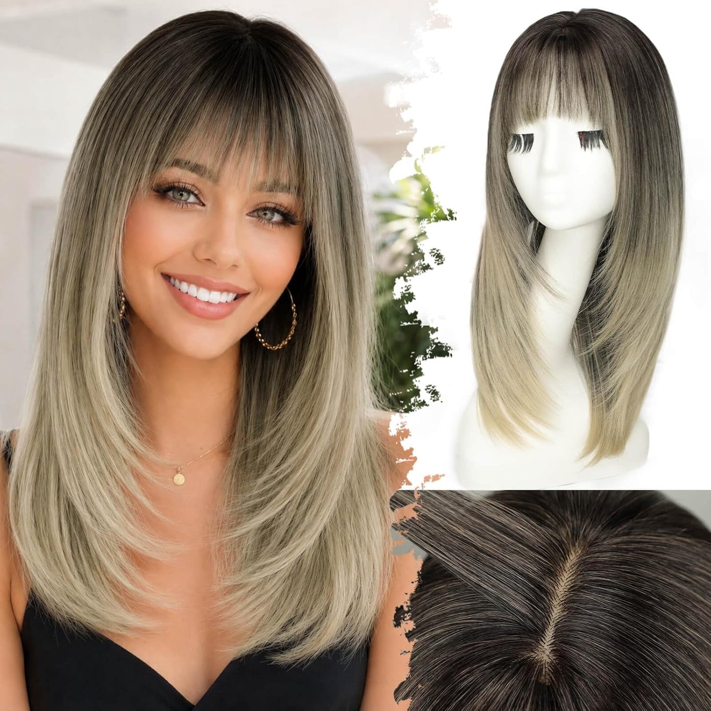 Beginner-Friendly Ash Blonde Wig with Bangs - 4x4 Glueless Synthetic Hair, Medium Length, Face-Framing Layers