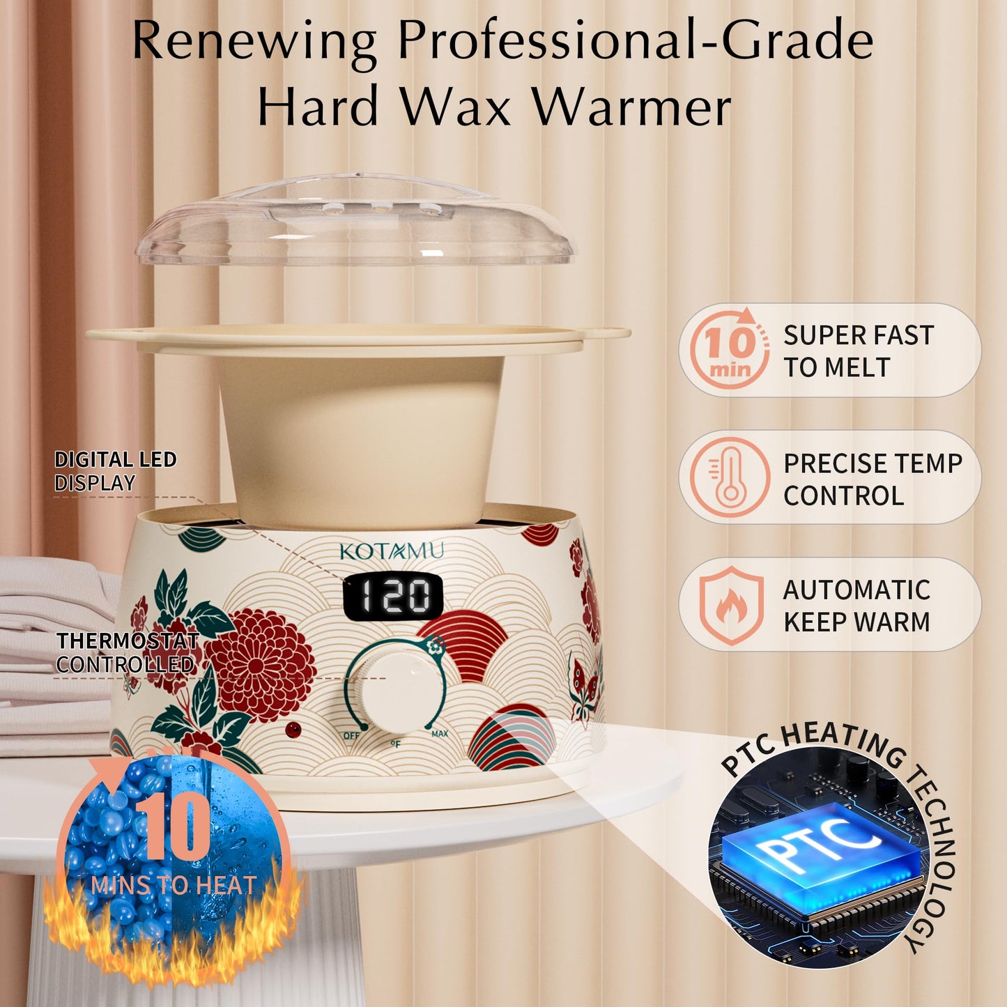 KOTAMU Waxing Kit for Women & Men, Wax Warmer for Hair Removal, Digital Wax Kit with Silicone Pot，Ideal for Face Eyebrow Arm Legs Armpit &Sensitive Skin, Lucum Waxing Machine for Home Salon Use