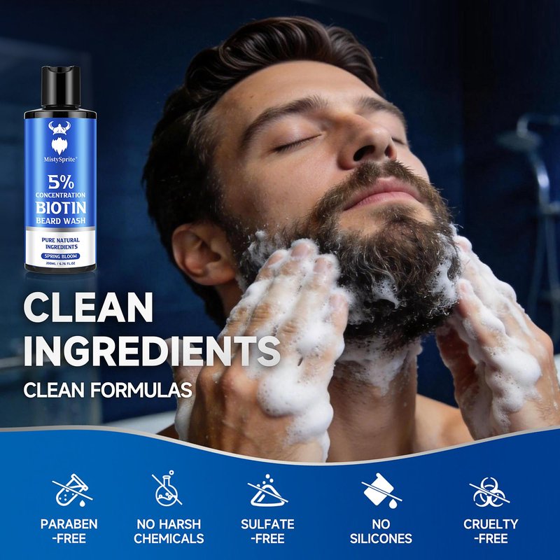 MistySprite 5% Biotin Beard Shampoo for Men, Thickening & Volumizing Formula - Soothes Itchy Skin, Hydrates & Softens Dry Coarse Facial Hair, 6.7 oz Spring Bloom Scent