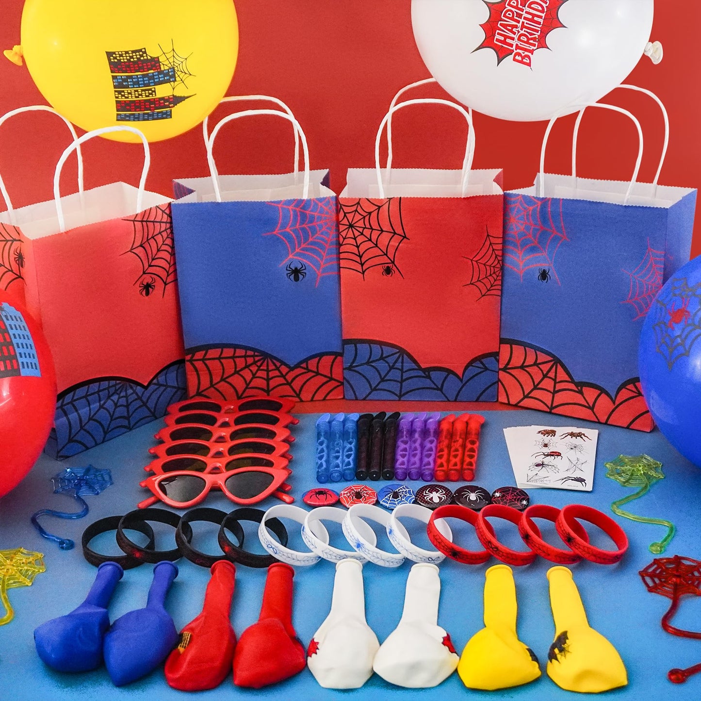 HandTool 100pcs Spider Party Favors, Hero Theme Birthday Party Supplies Including Silicone Bracelets Sticky Spider Webs Bubble Wands Temporary Tattoos, Birthday Decorations Classroom Rewards for Kids