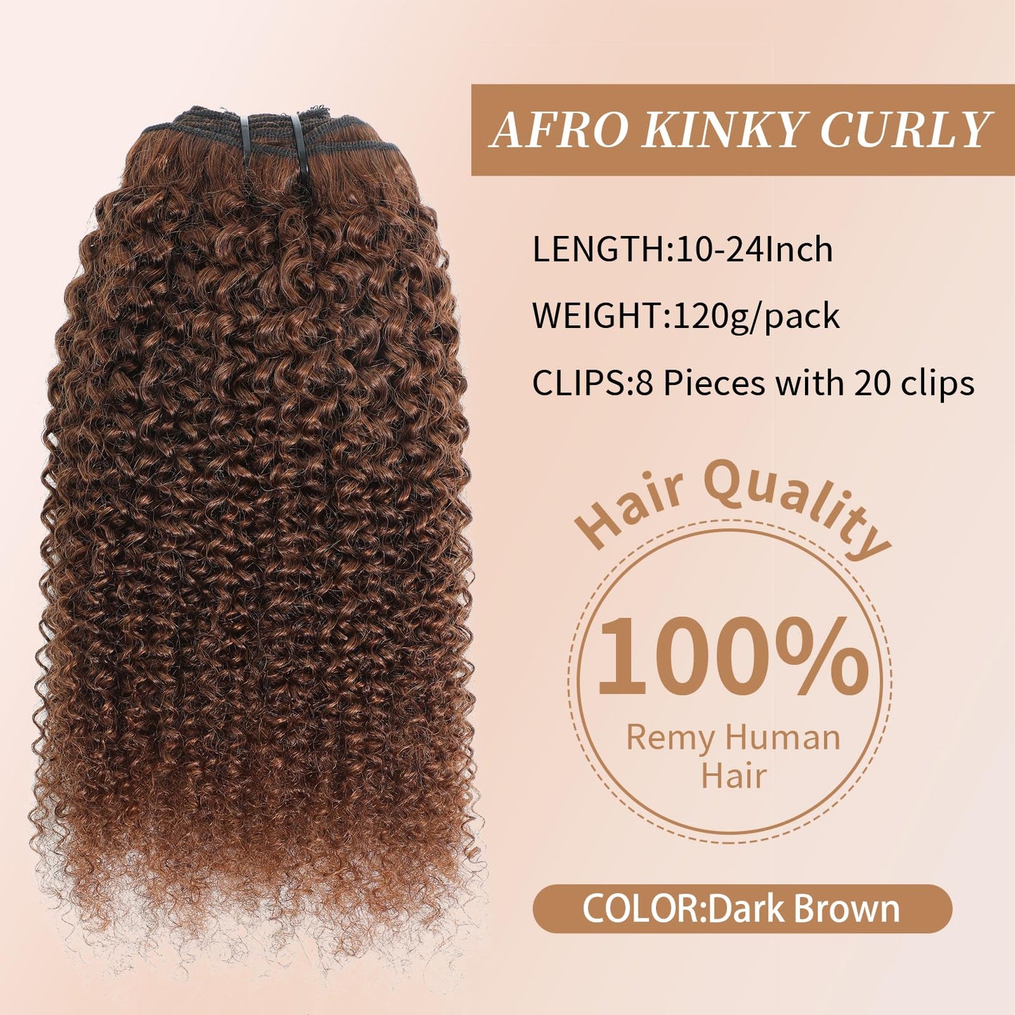 Afro Kinky Curly Clip Ins Human Hair 4C Hair Clip in Extensions Real Natural Human Hair for Black Women 8 pecs with 20 Clips 120g Dark Brown Color 18 Inch