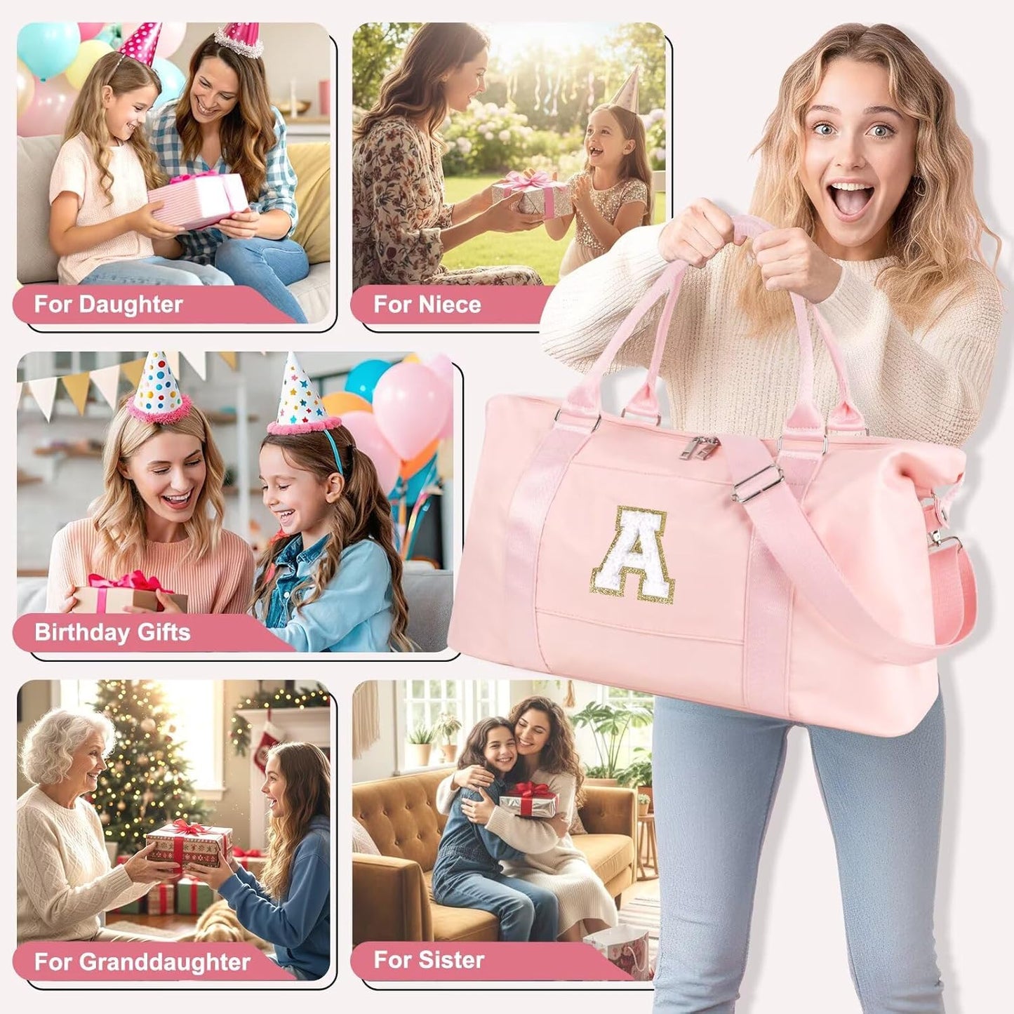 Dance Gym Duffel Bag - Personalized Initial Weekender for Teen Girls | Pink Overnight Carry-On & Cheer Bag